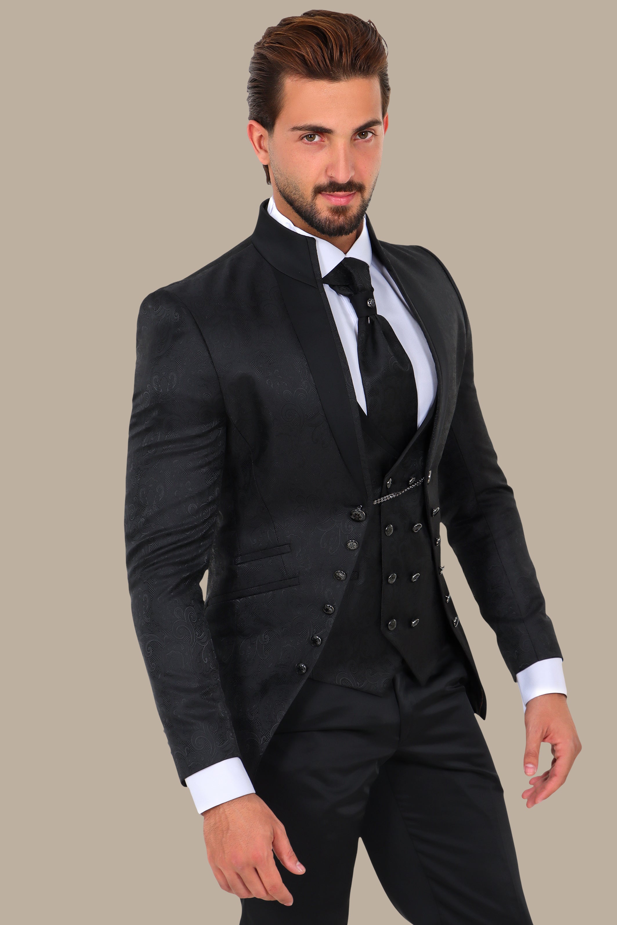 Black Mao Collar Tuxedo 4pcs Cashmere Jacquard Bord à Bord