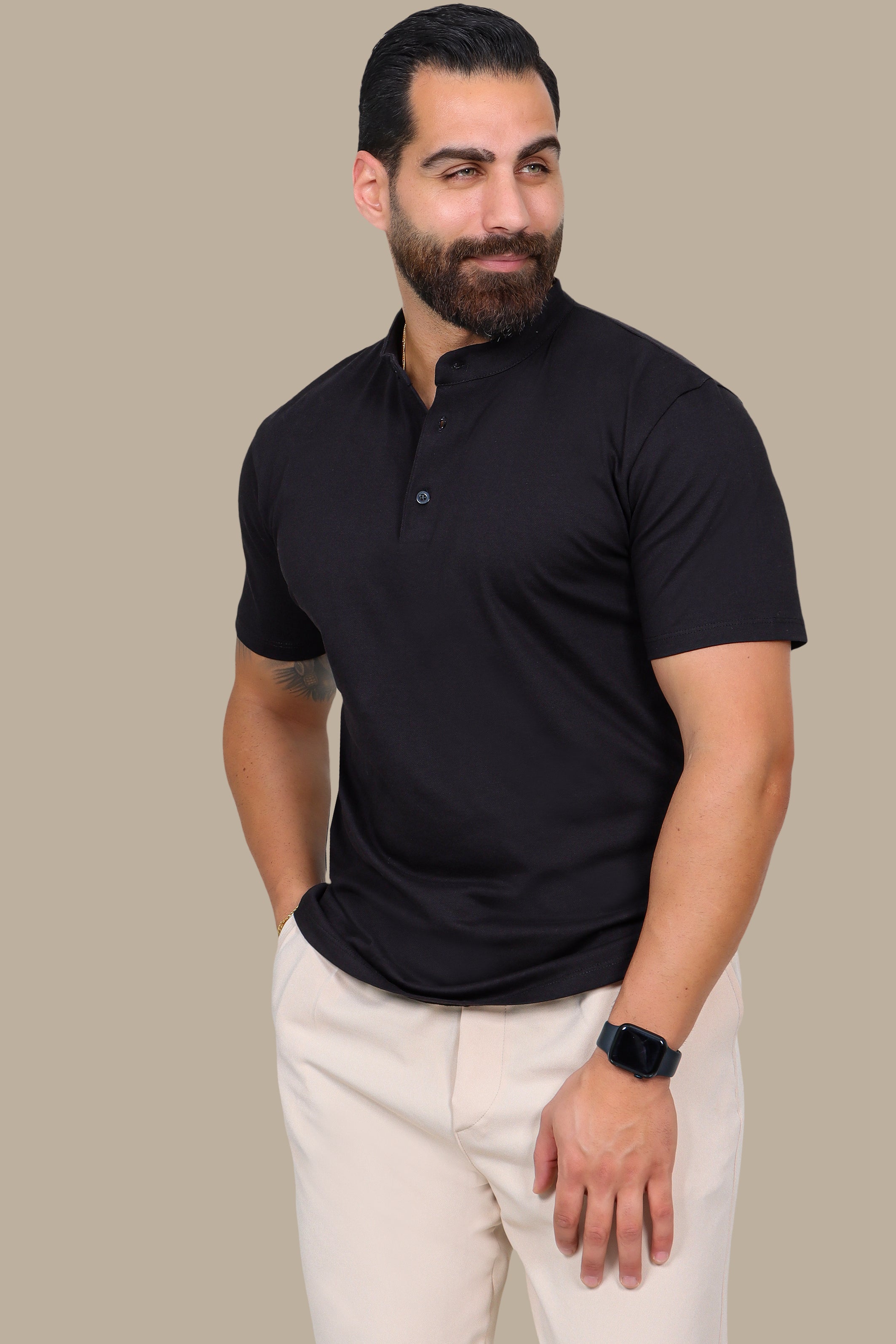 Black Basic Polo Shirt with Mao Collar
