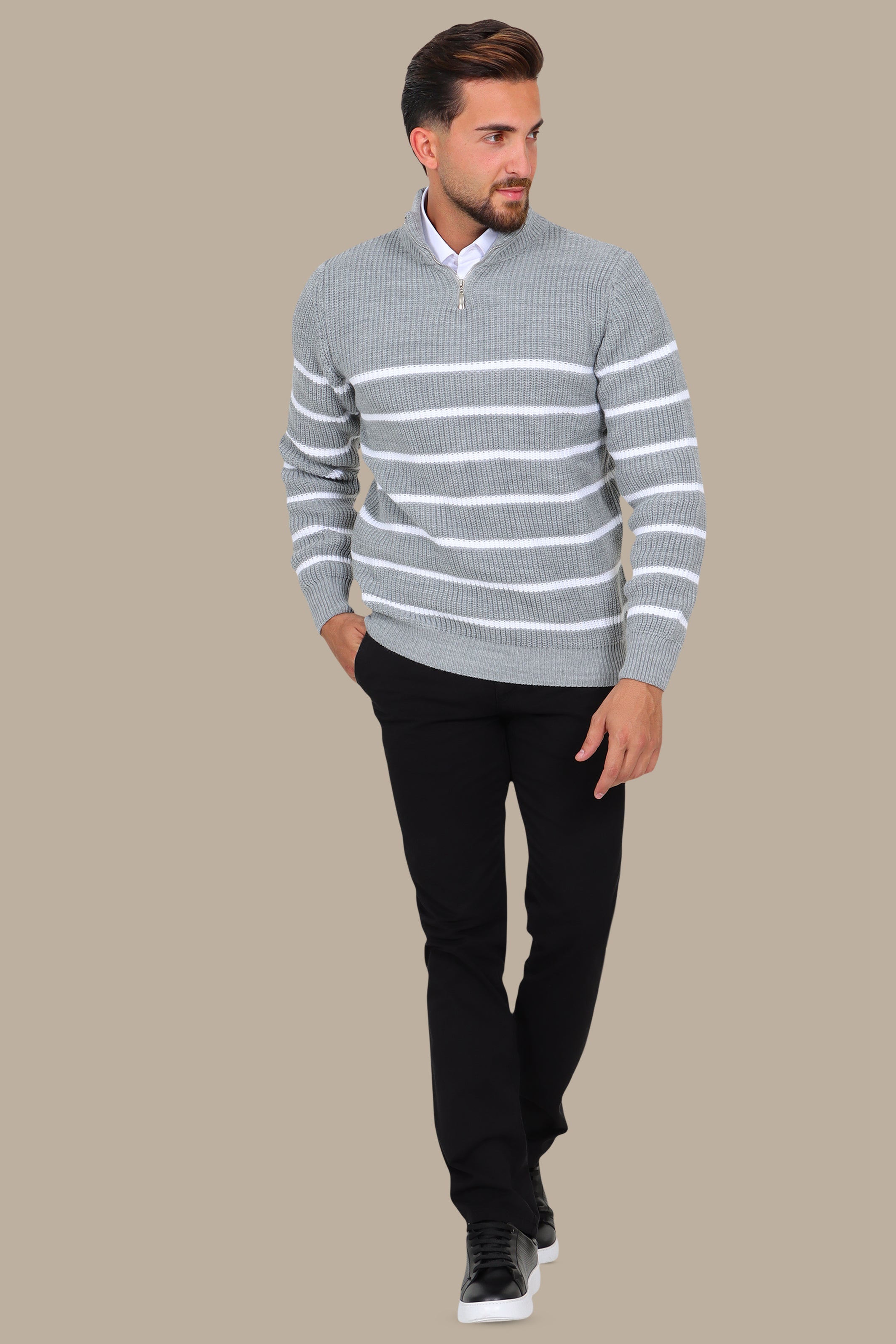 Grey Half-Zip Mercerized Sweater with Subtle Stripes