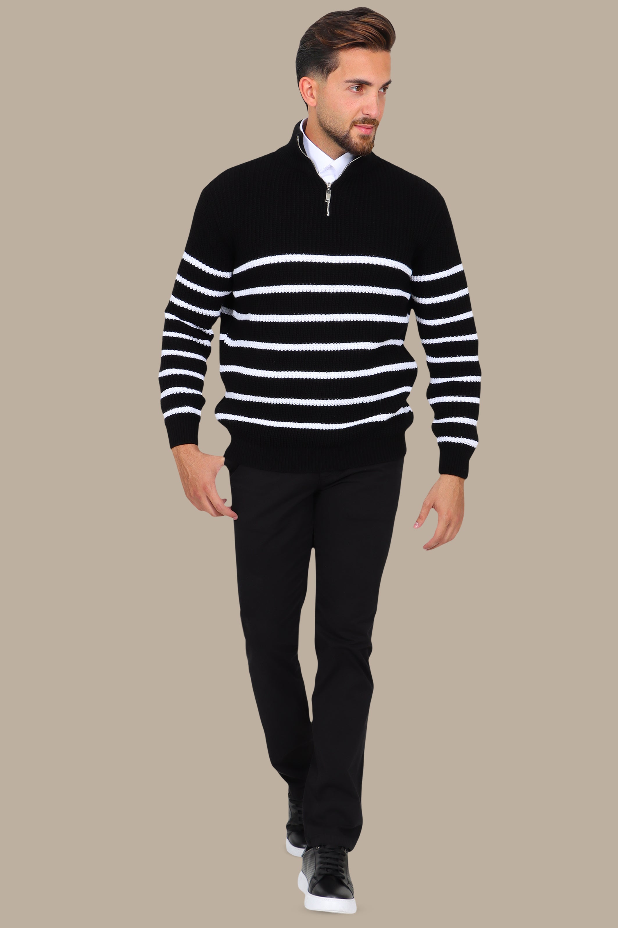 Black Half-Zipper Mercerized Sweater with Small Stripes