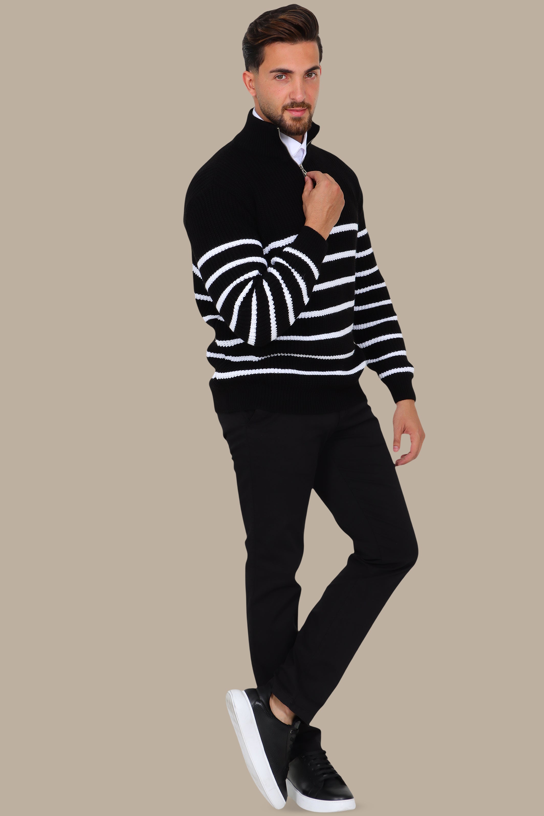 Black Half-Zipper Mercerized Sweater with Small Stripes