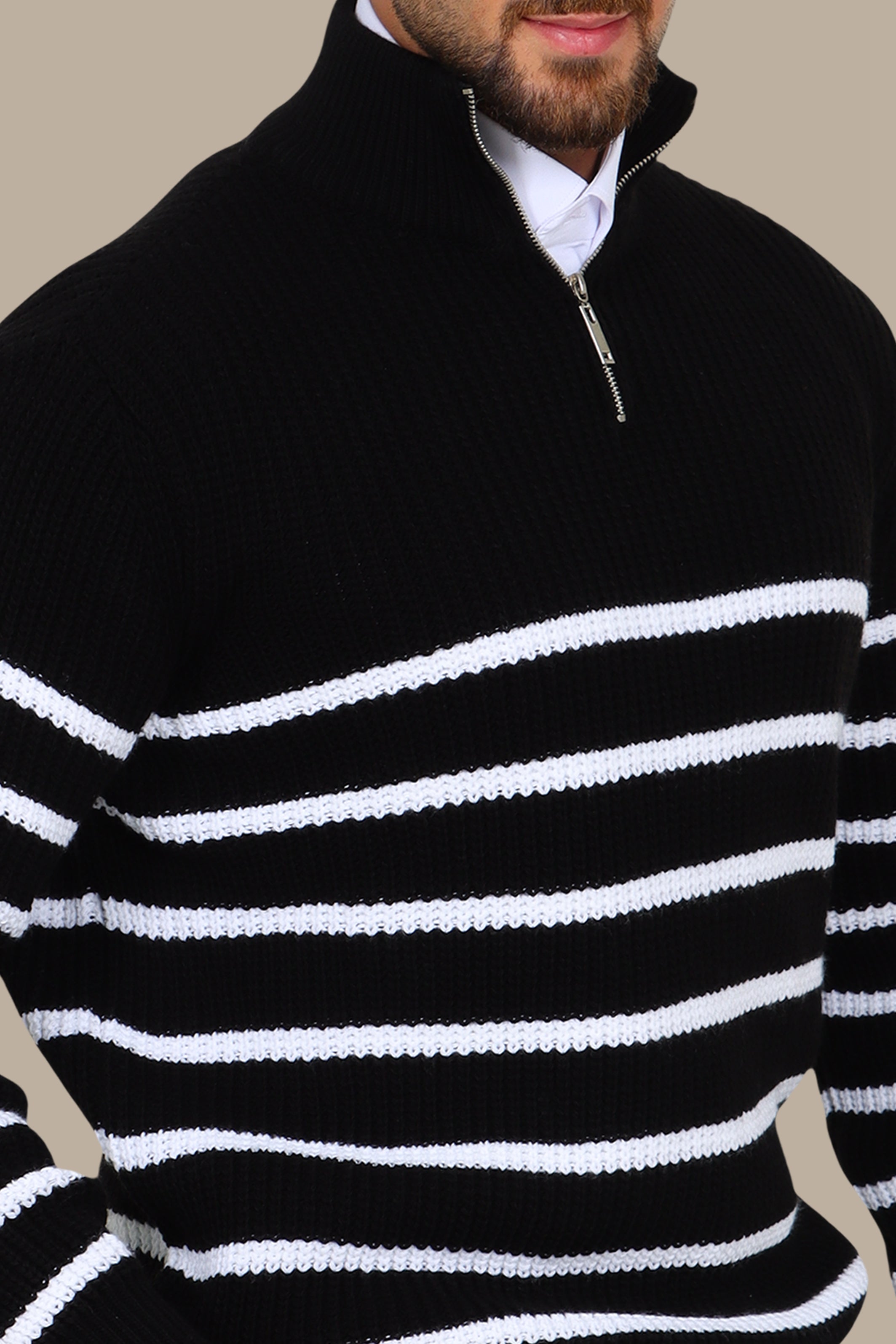 Black Half-Zipper Mercerized Sweater with Small Stripes