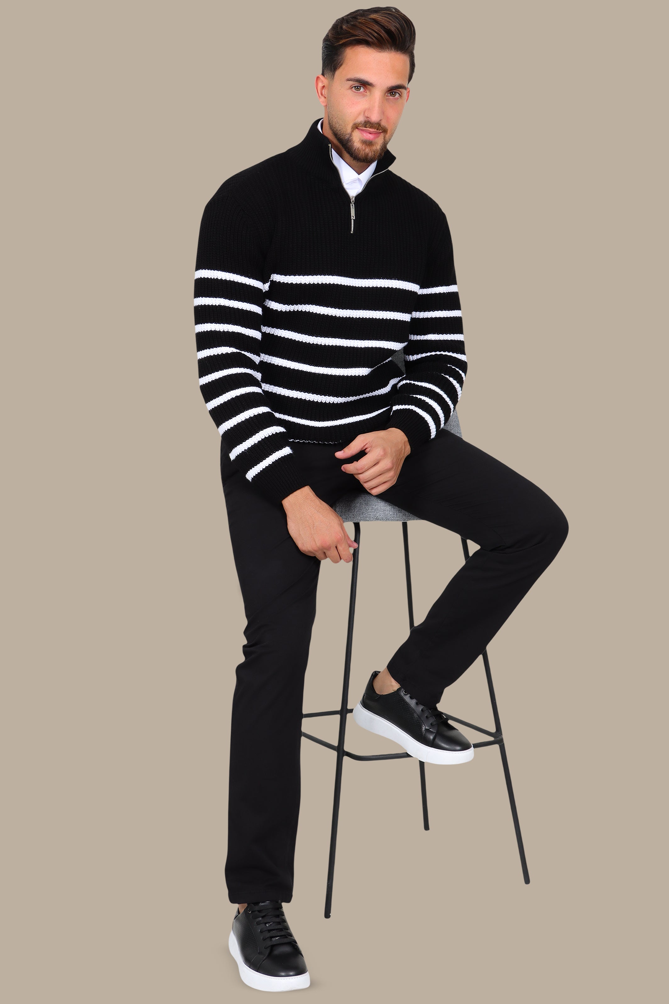 Black Half-Zipper Mercerized Sweater with Small Stripes