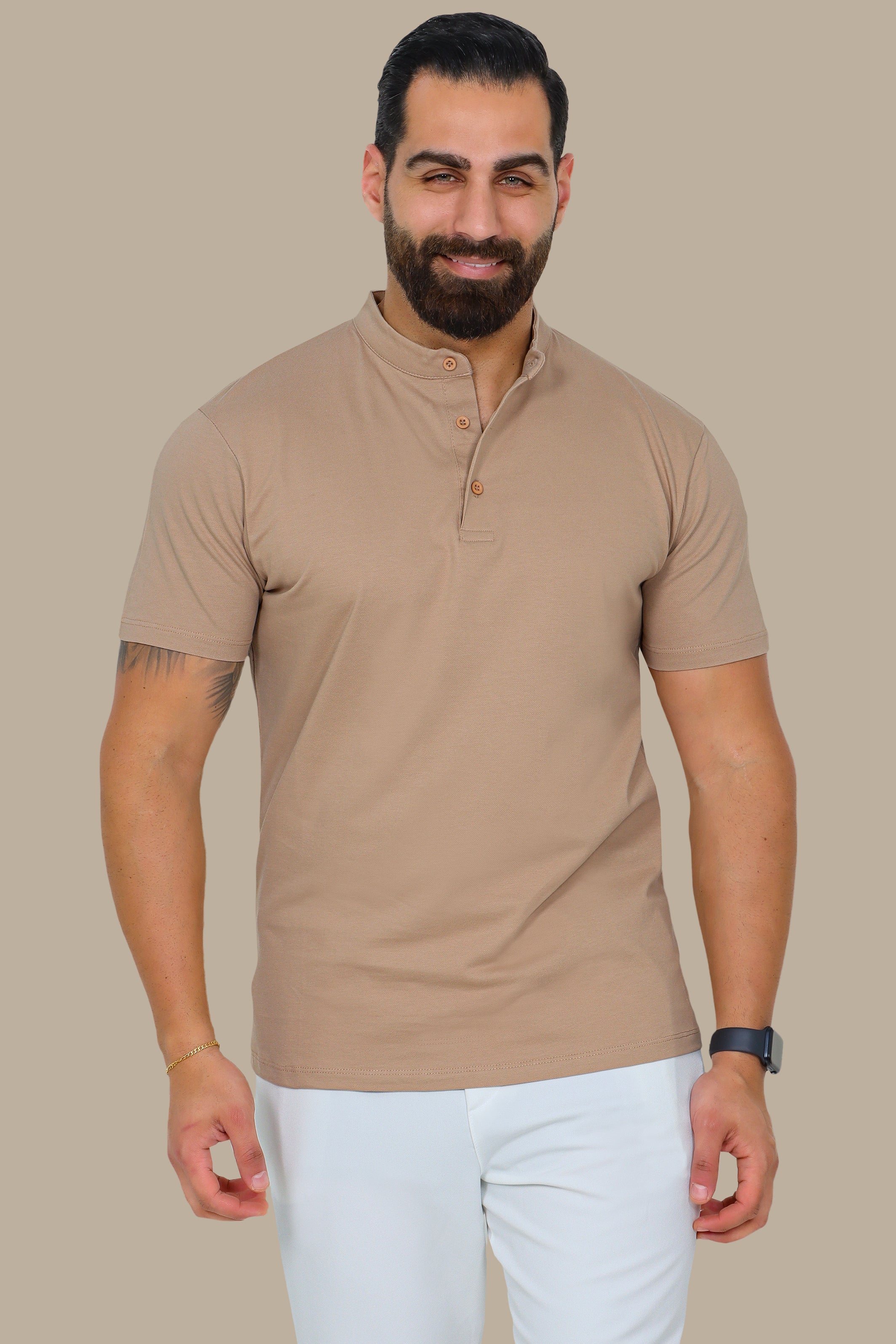 Beige Basic Polo Shirt with Mao Collar