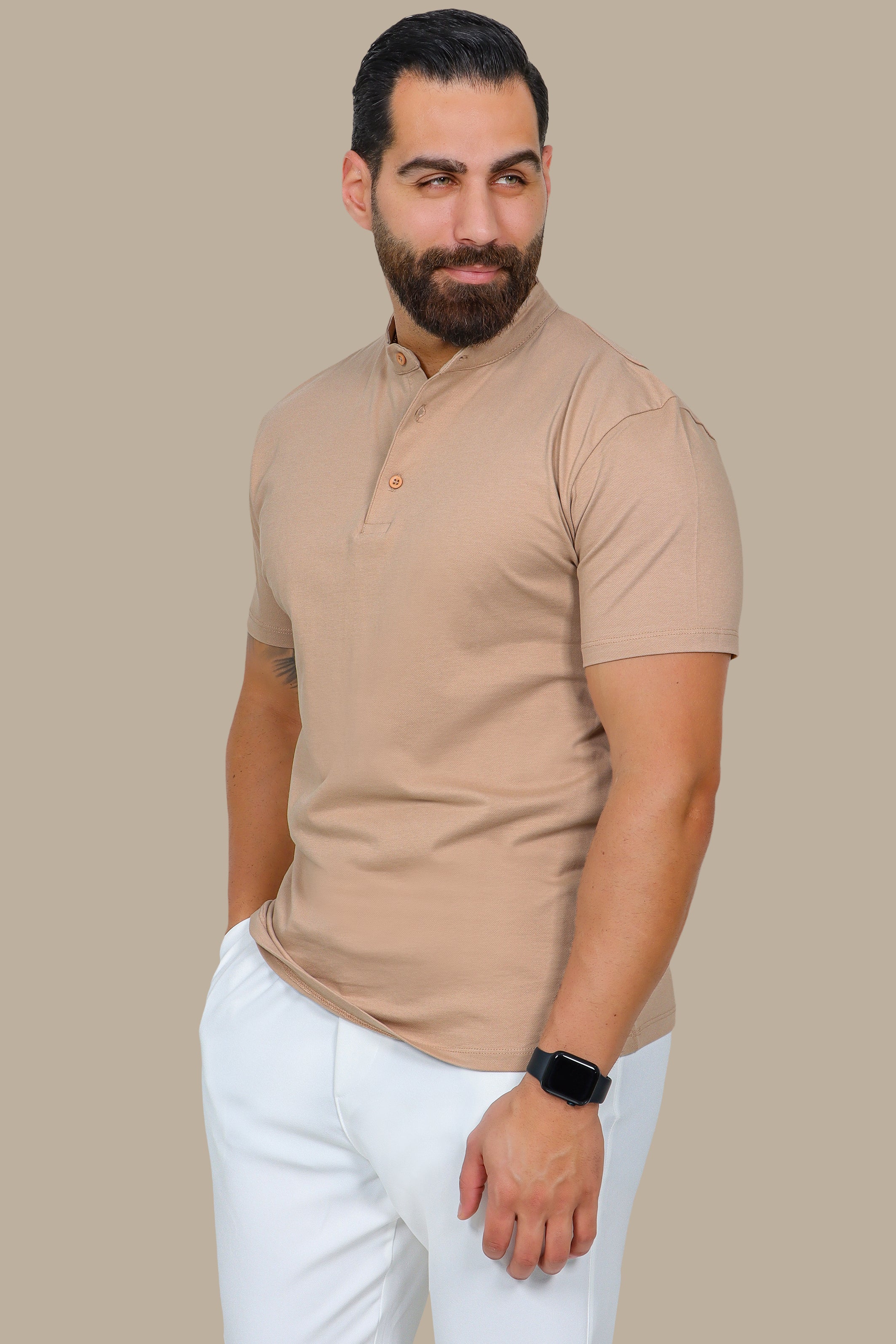 Beige Basic Polo Shirt with Mao Collar