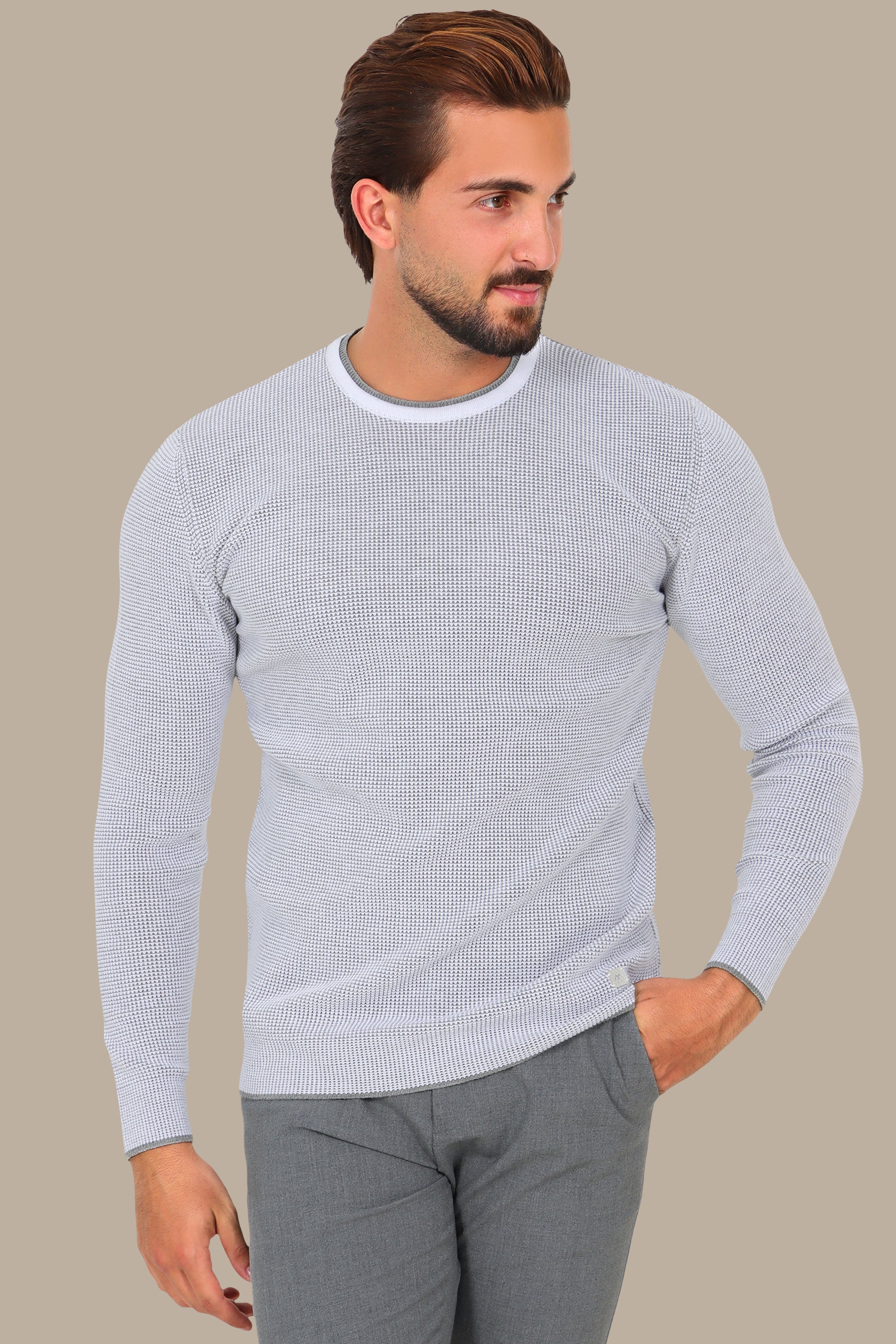 Light Grey Top with Structured Pattern and Double Collar