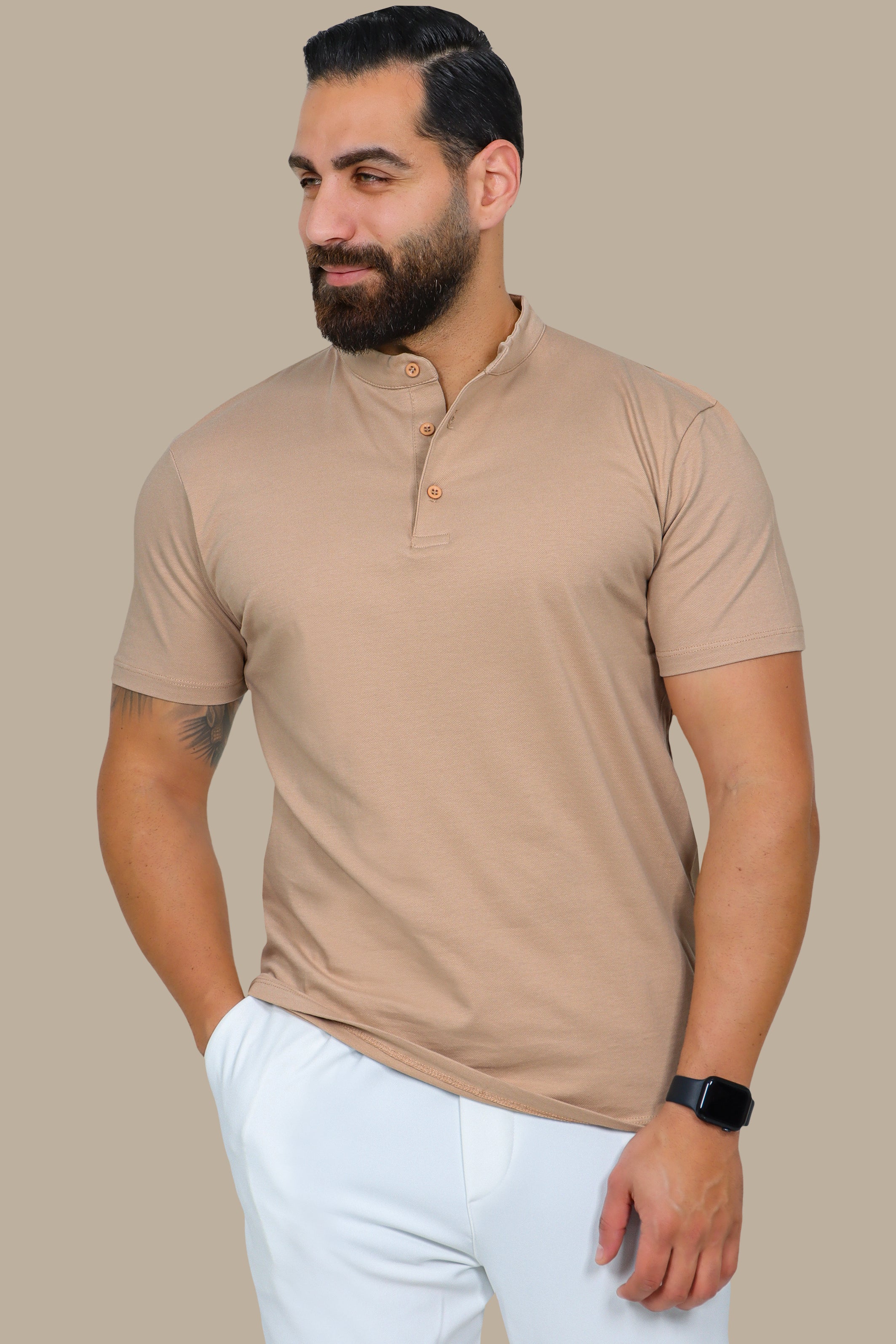 Beige Basic Polo Shirt with Mao Collar