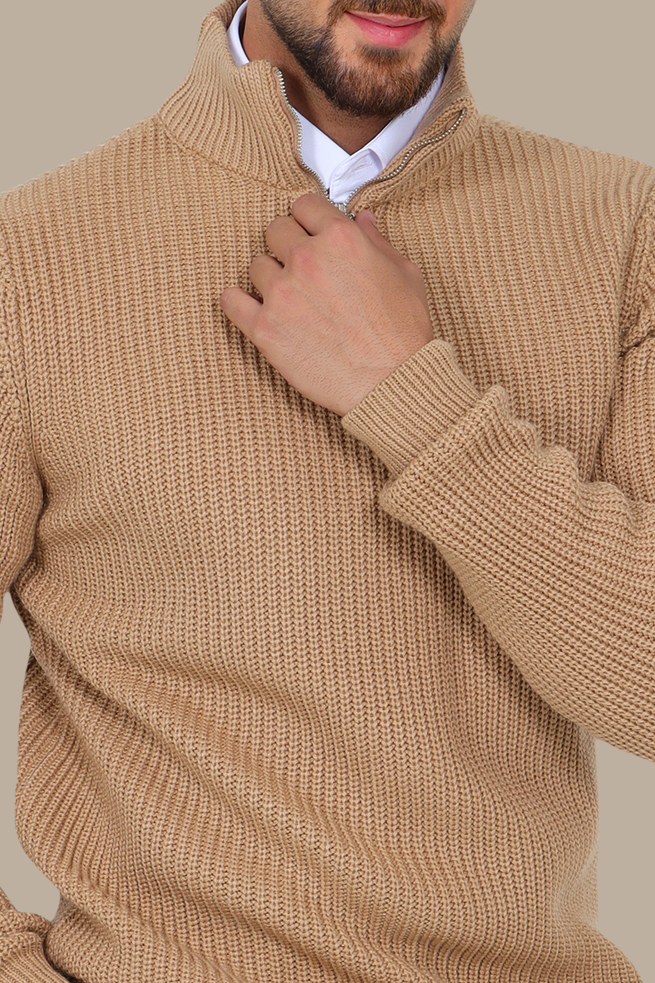Beige Half-Zipper Plain Mercerized Sweater
