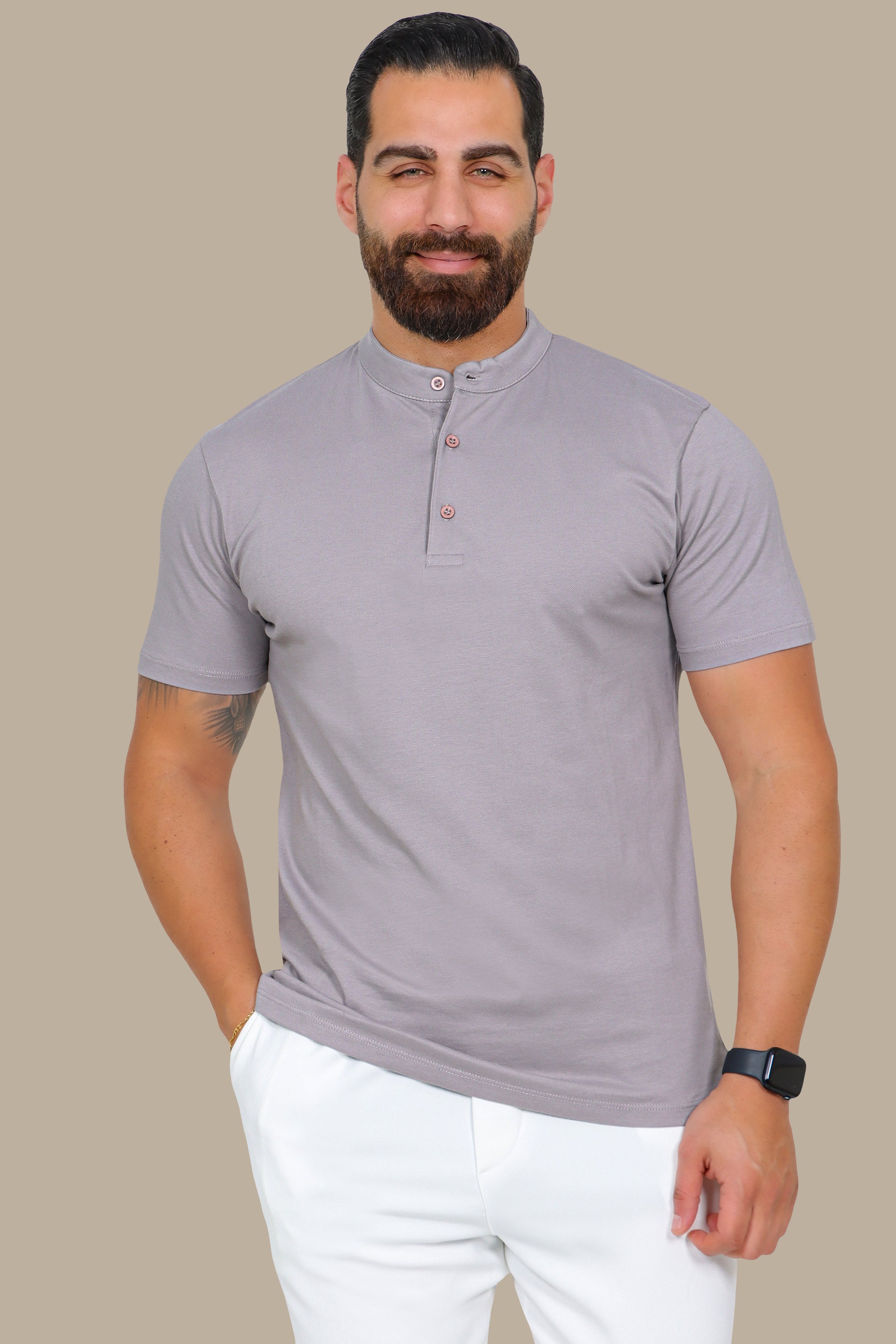Grey Basic Polo Shirt with Mao Collar