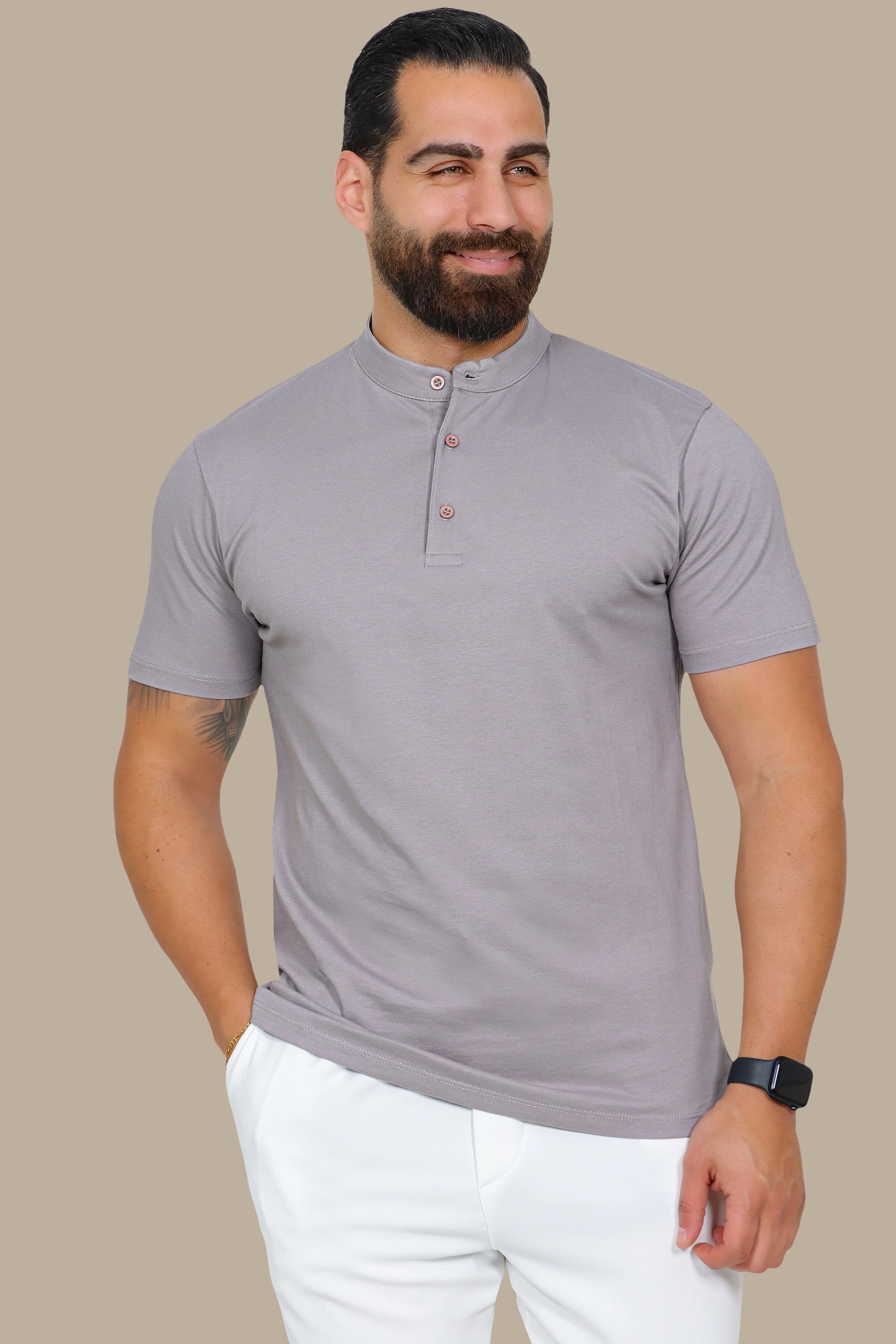 Grey Basic Polo Shirt with Mao Collar
