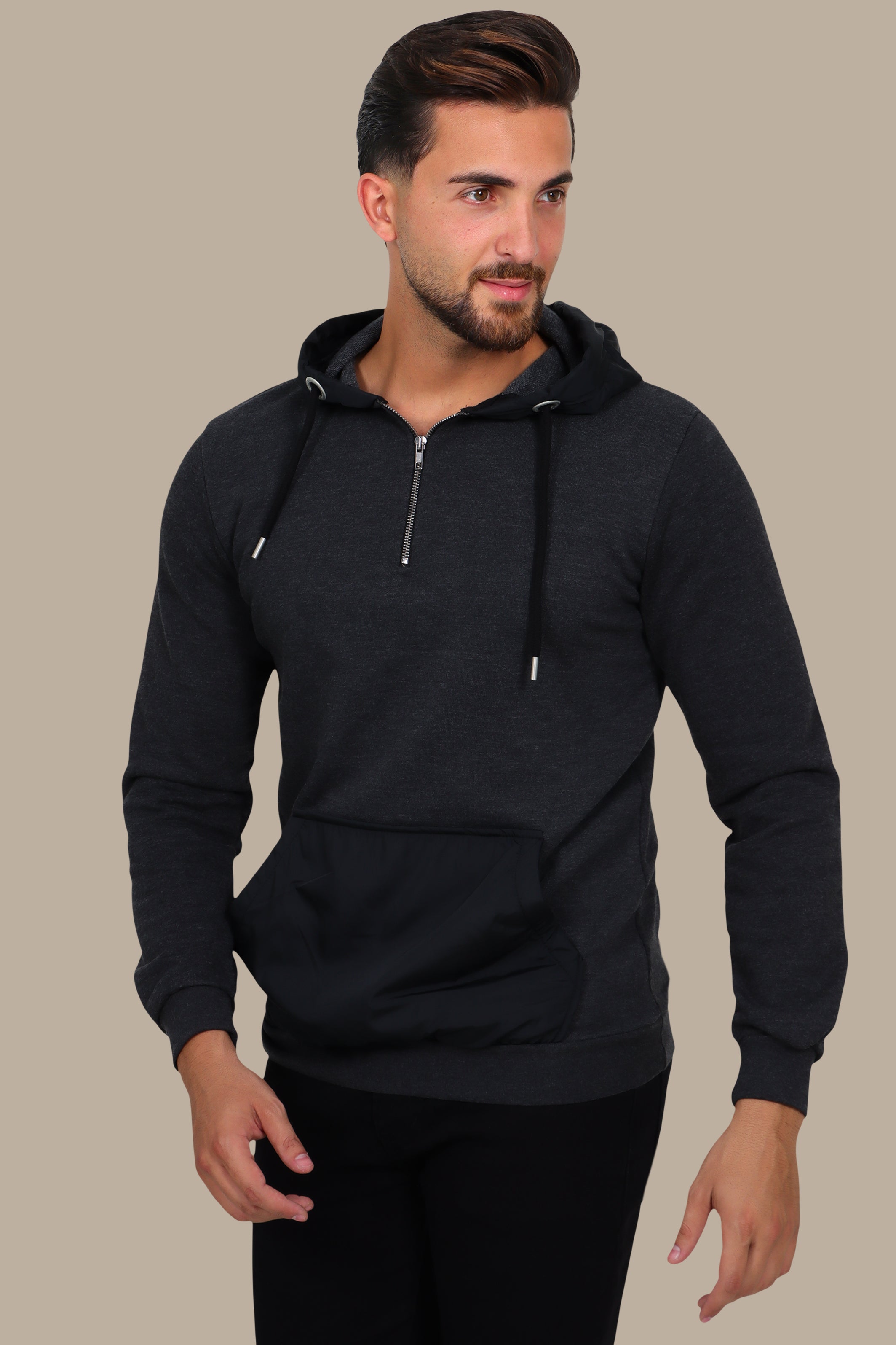 Sensual Shadows: The Dark Gray Hooded Sensation in Luxe Mix Fabric