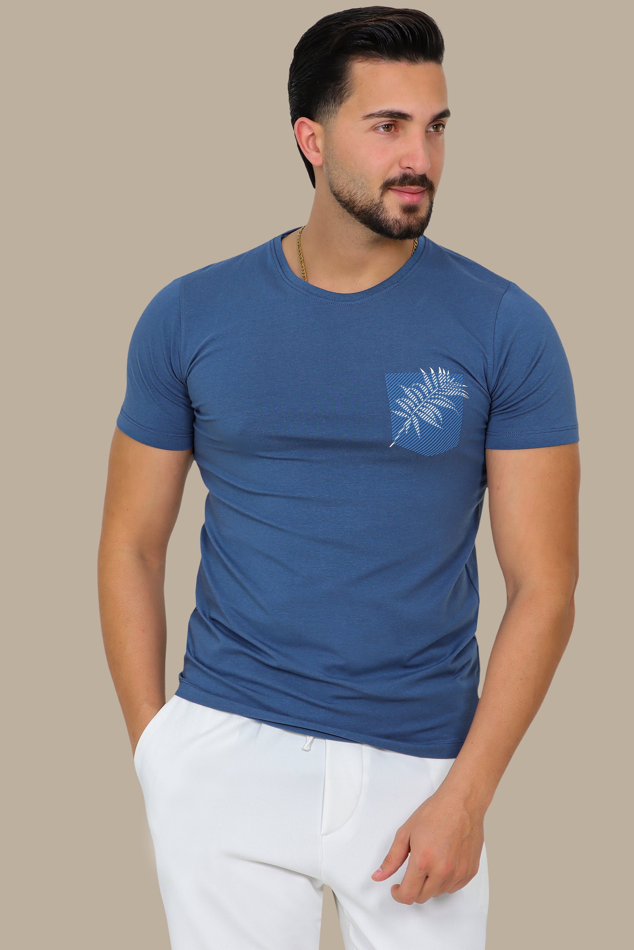 Blue T-Shirt with Pocket and Leaf Print