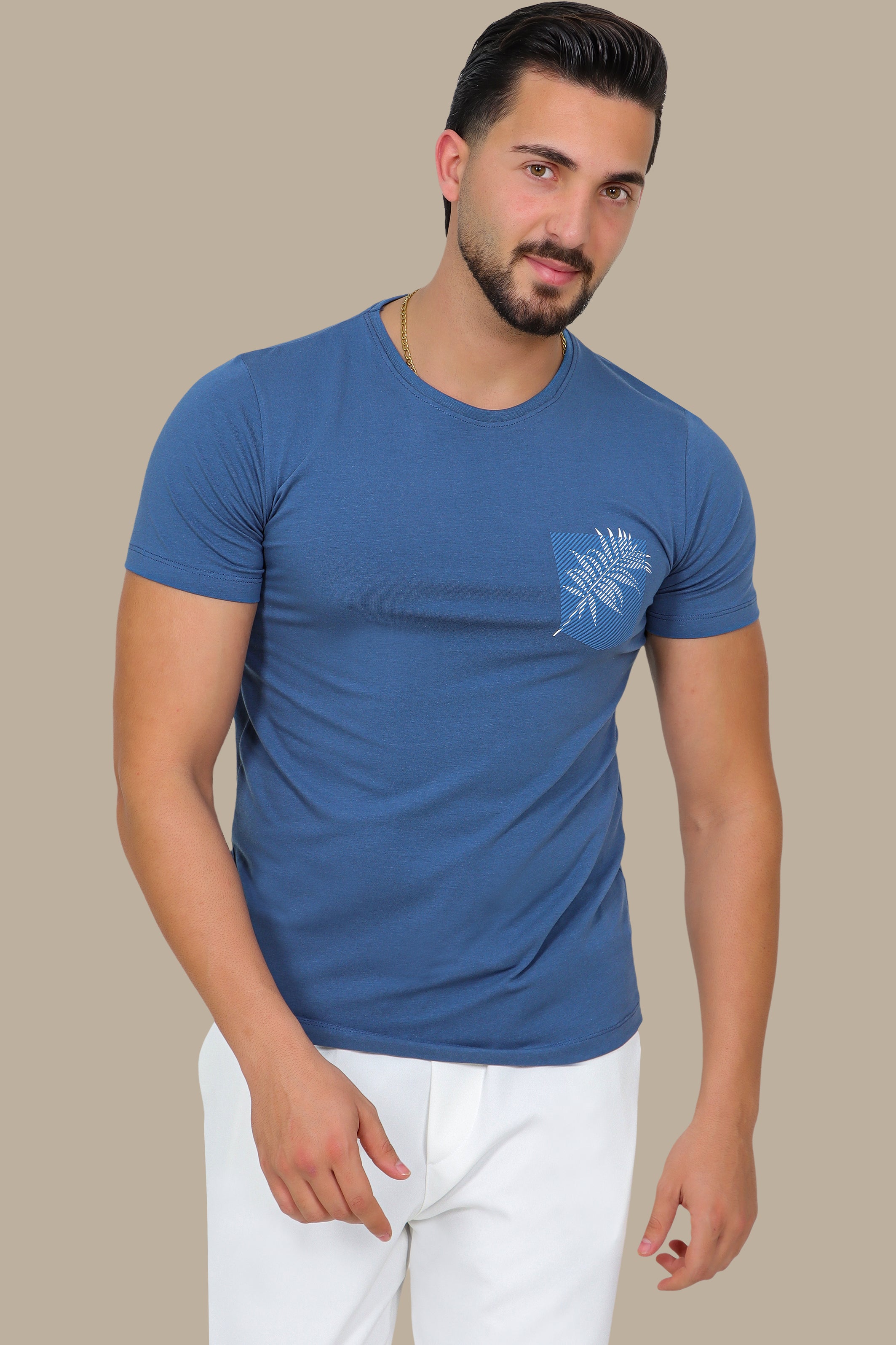 Blue T-Shirt with Pocket and Leaf Print