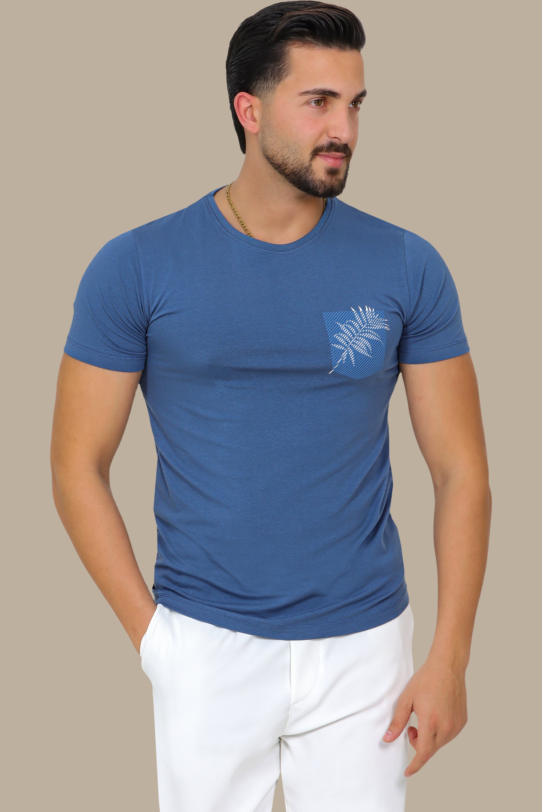 Blue T-Shirt with Pocket and Leaf Print