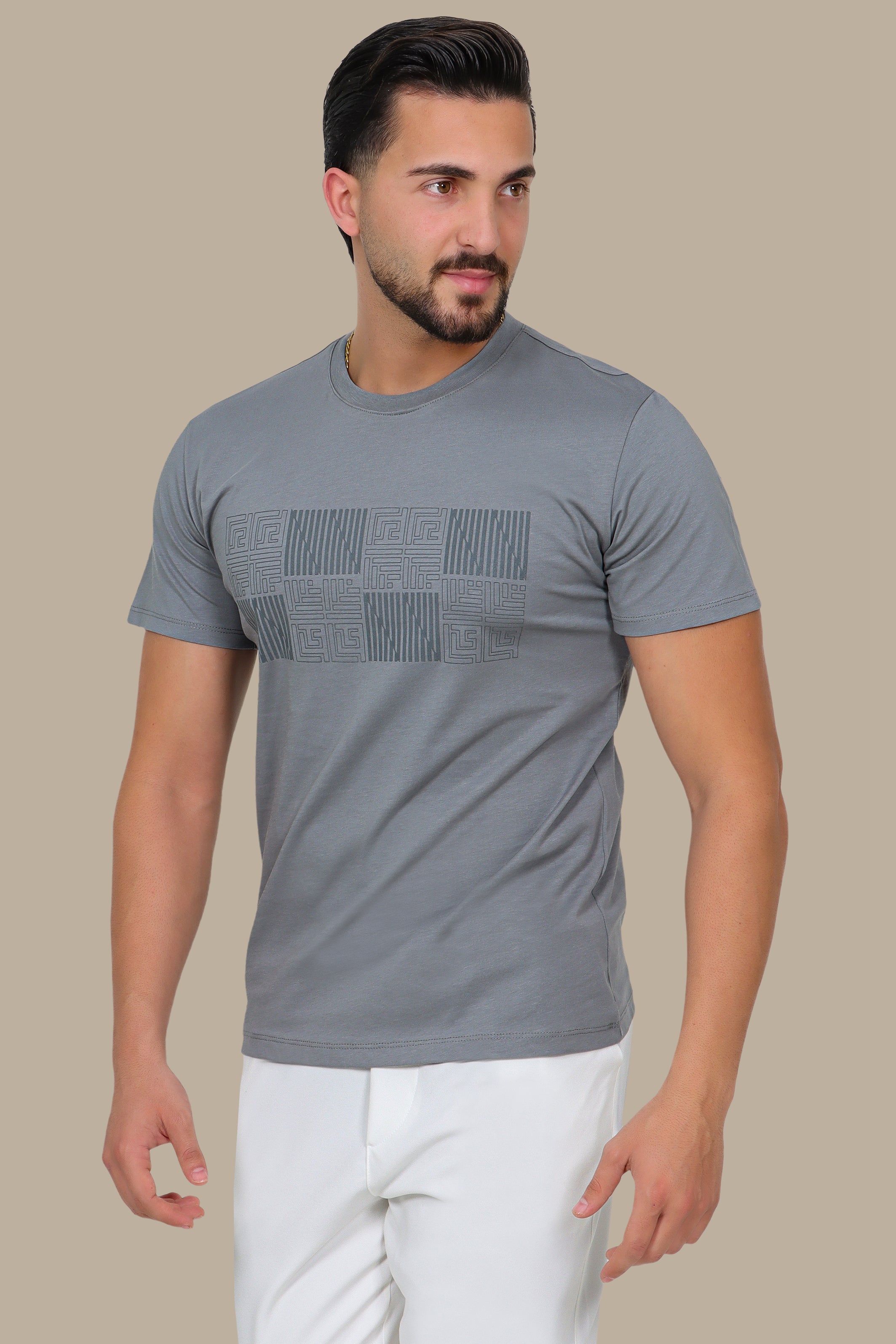 Grey T-Shirt with Geometric Squares