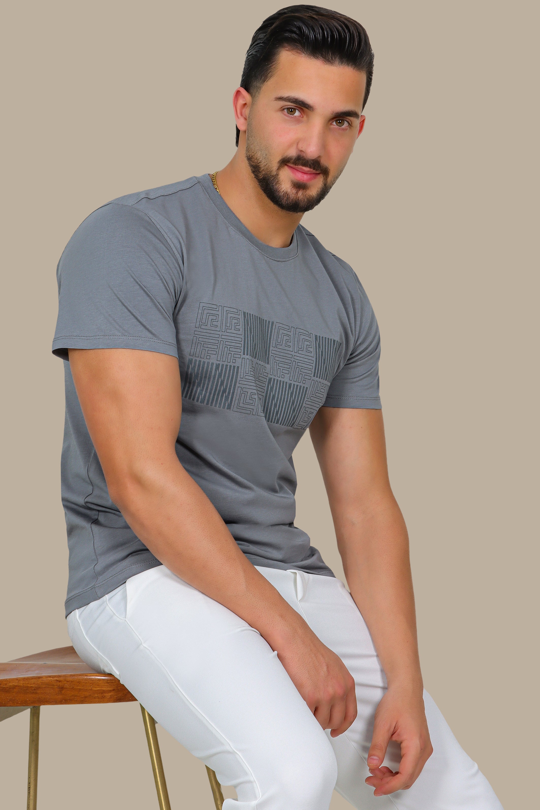 Grey T-Shirt with Geometric Squares