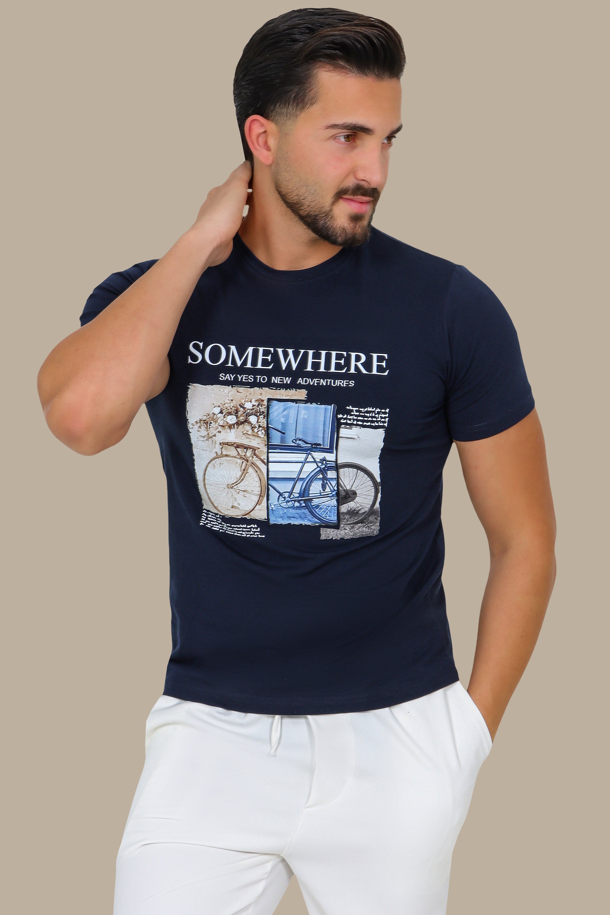 Navy T-Shirt with "Somewhere" and Bike Print
