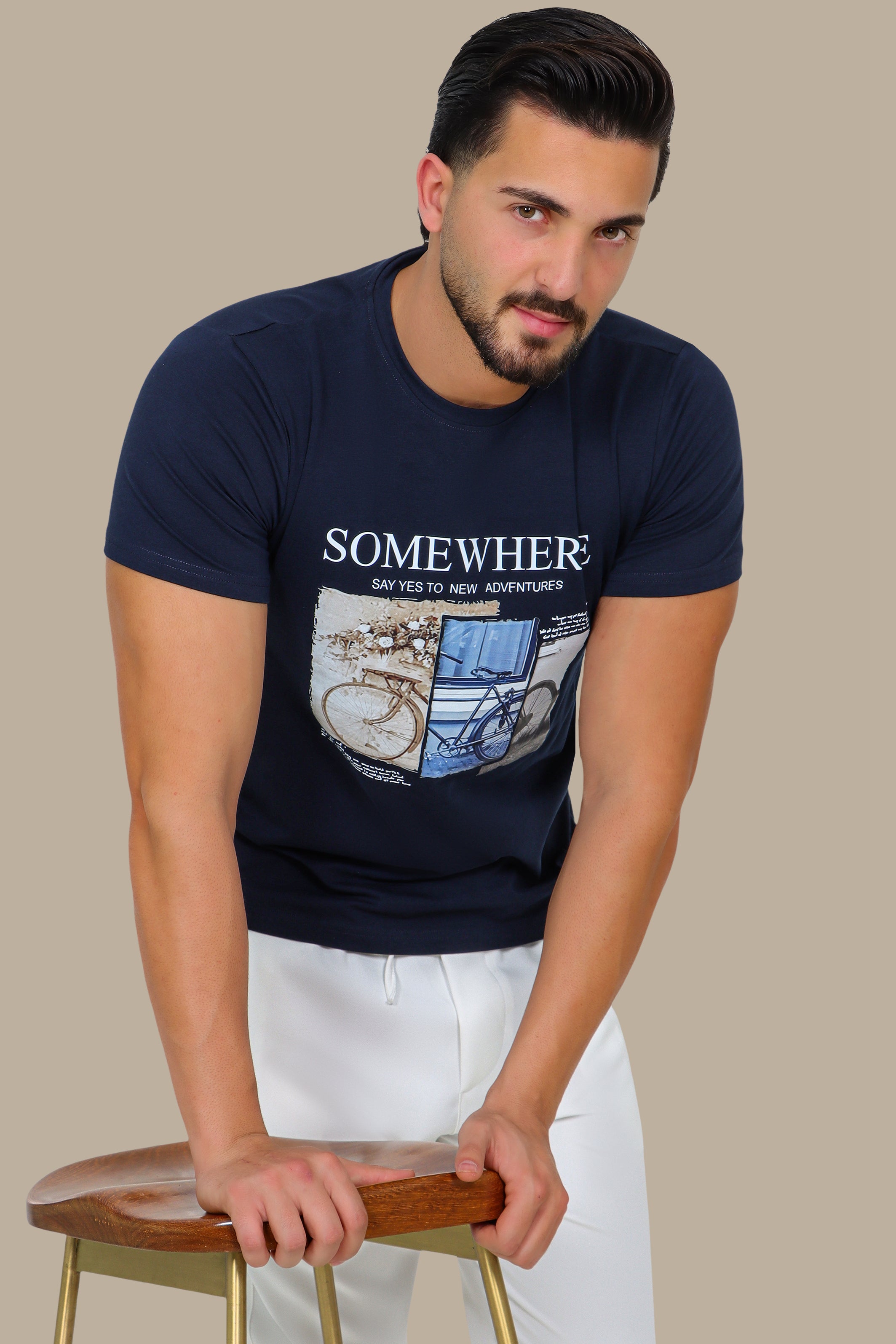Navy T-Shirt with "Somewhere" and Bike Print