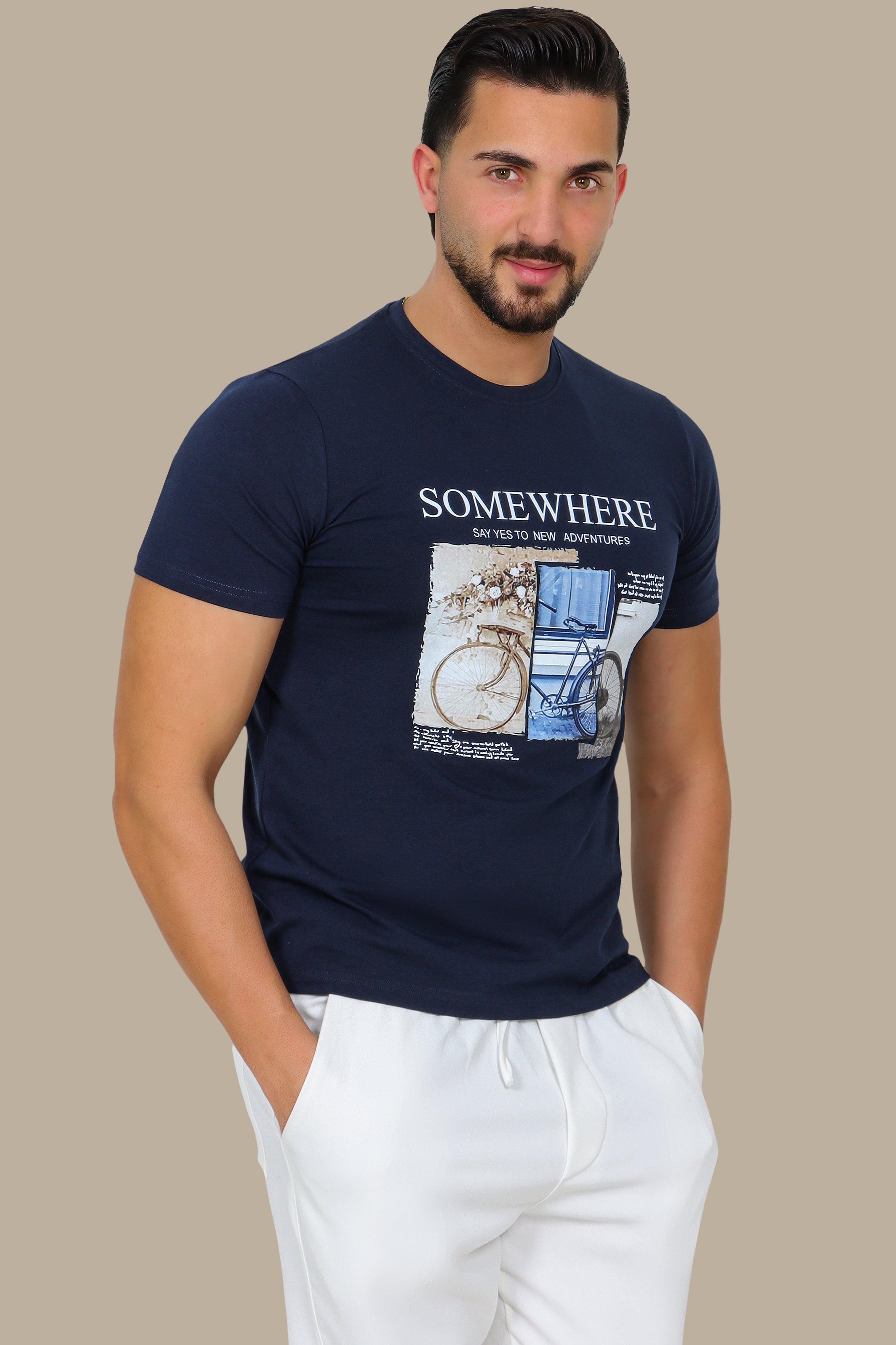 Navy T-Shirt with "Somewhere" and Bike Print