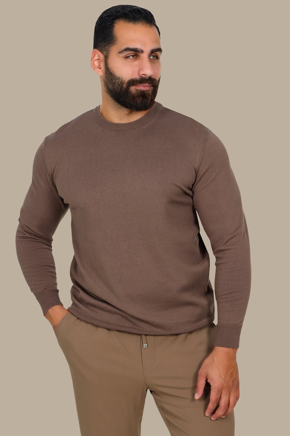 Sweater Basic Round Neck Light Brown