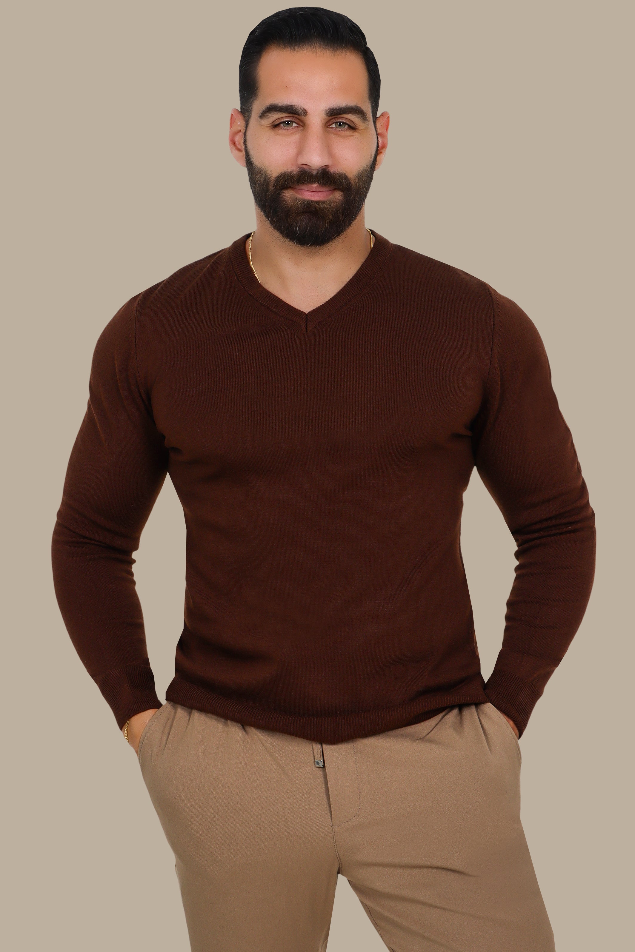 Basic V-Neck Sweater – Brown