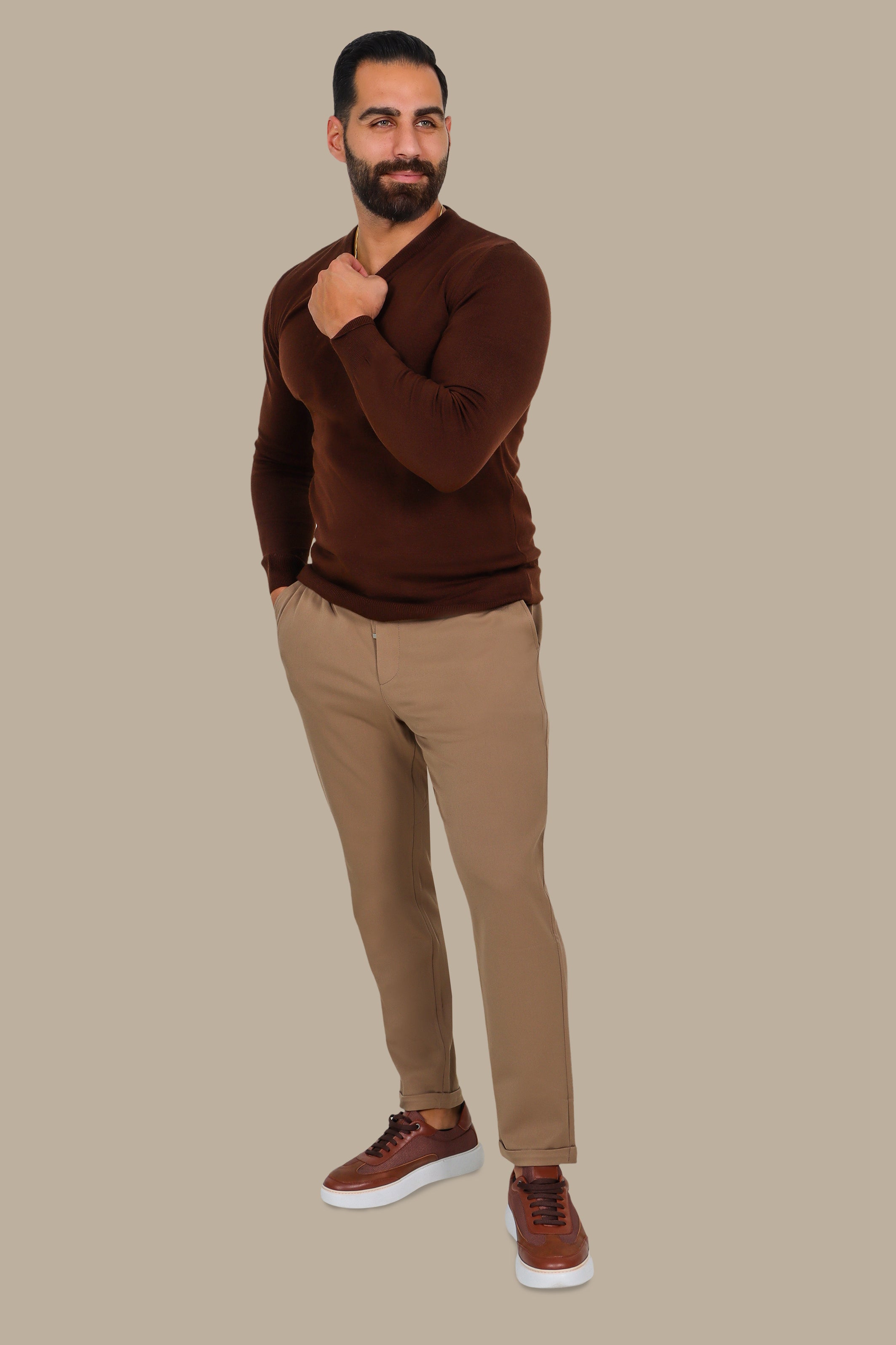 Basic V-Neck Sweater – Brown