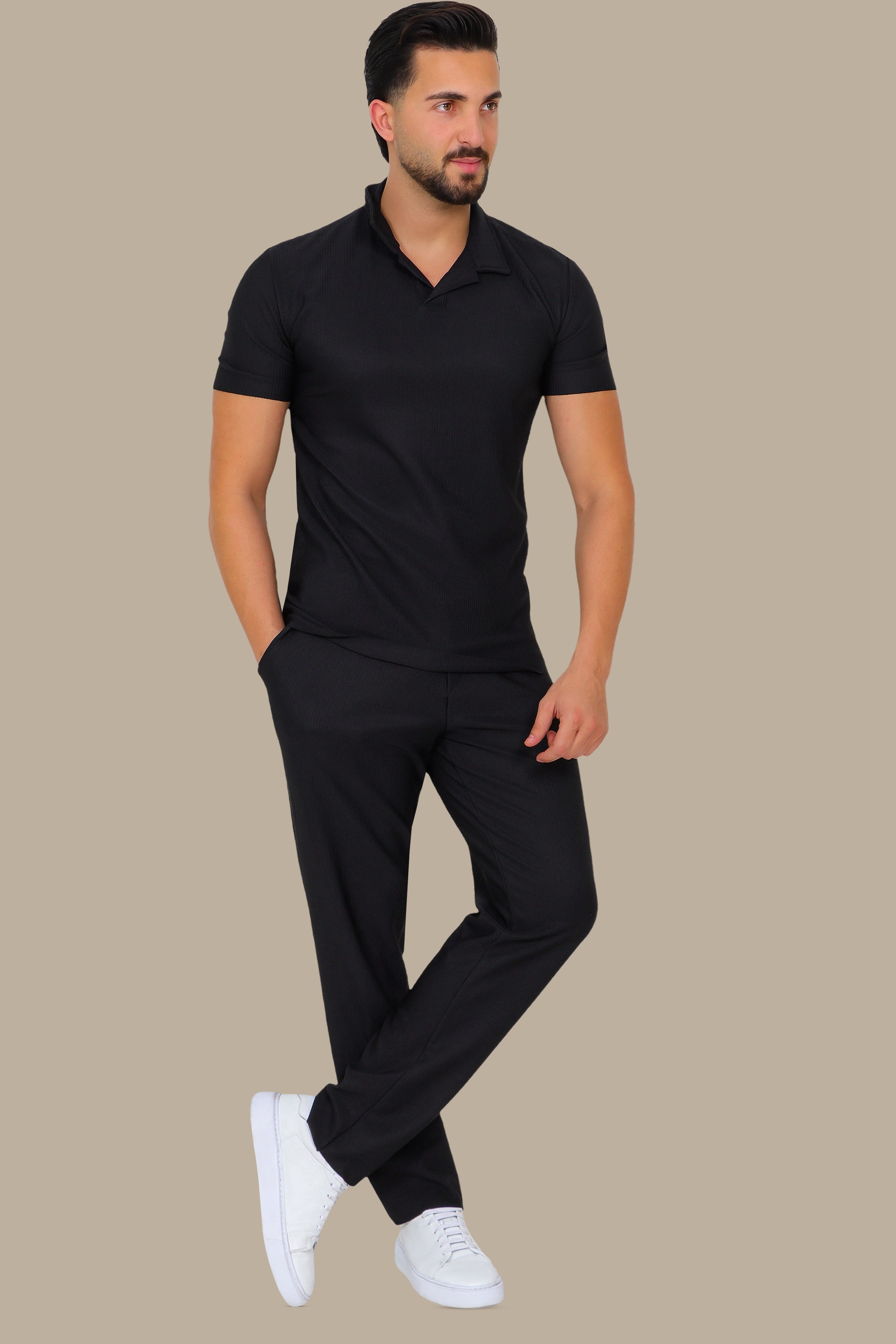 Black Ribbed Lycra Polo