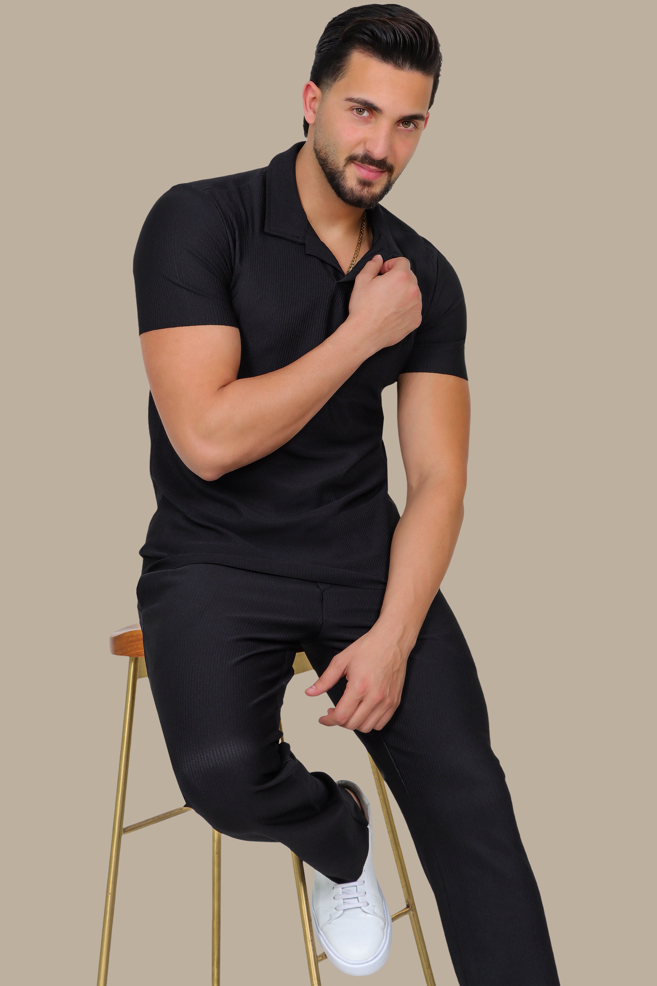 Black Ribbed Lycra Polo