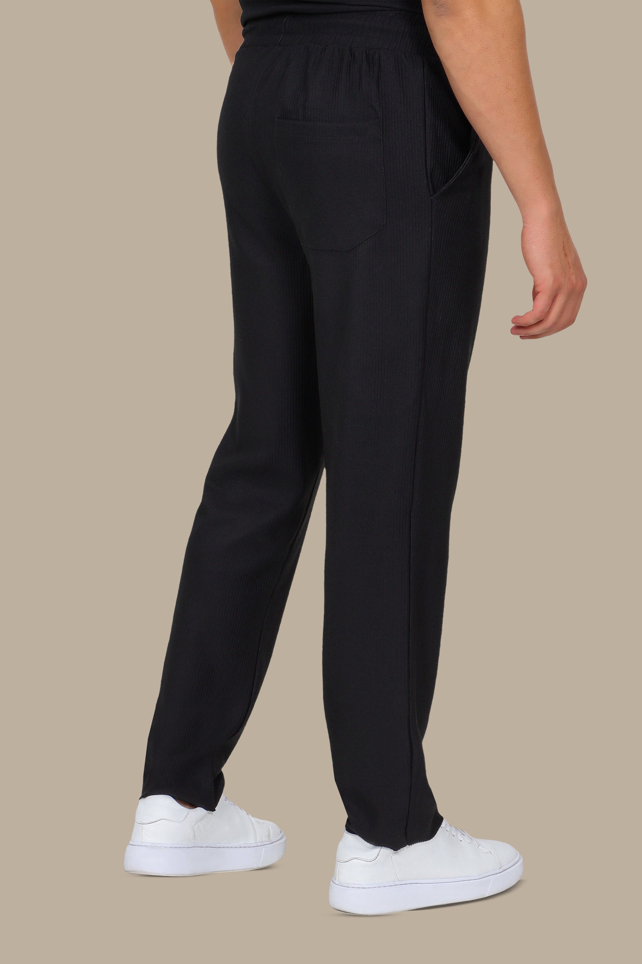 Black Ribbed Regular-Fit Trousers