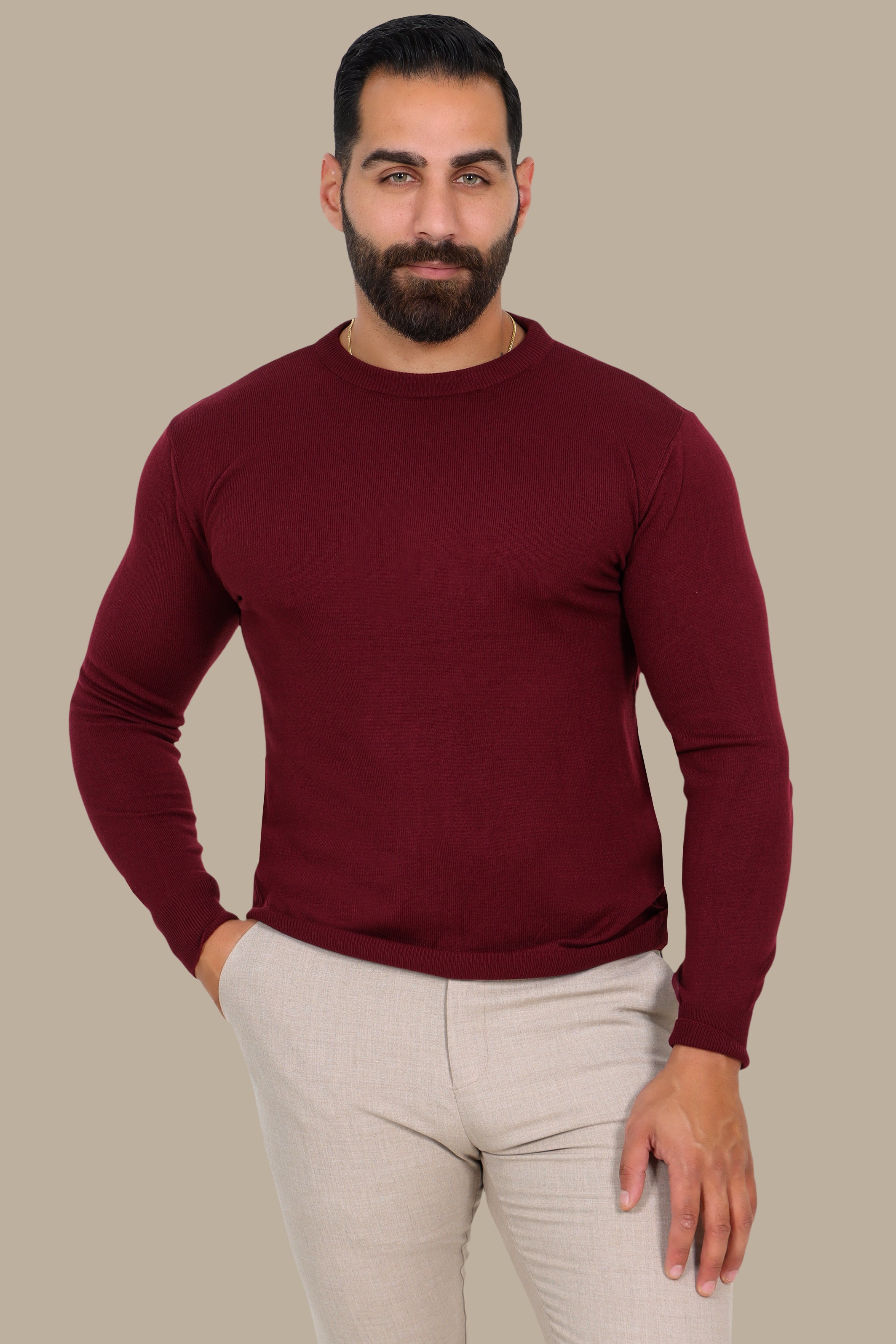 Basic Round Neck Sweater – Burgundy
