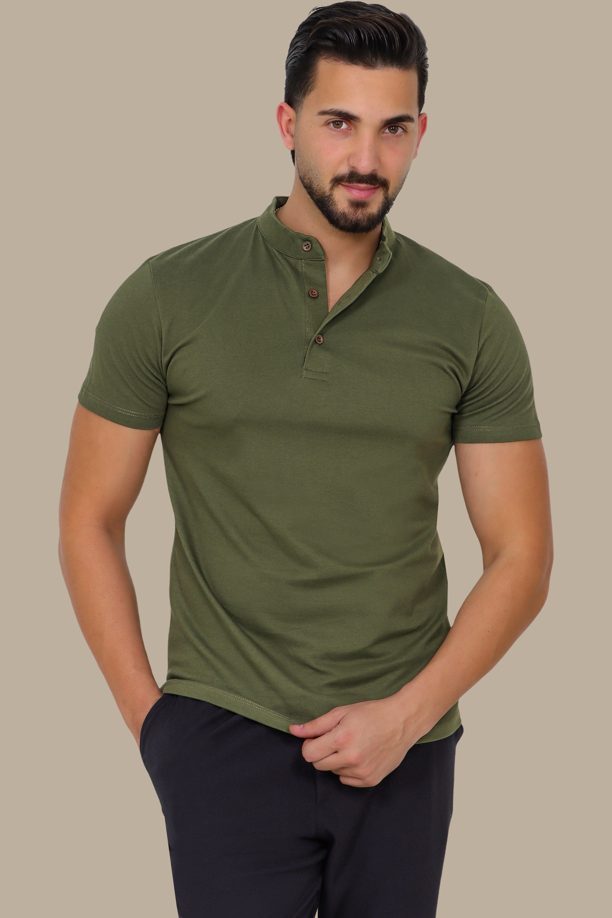 Khaki Basic Mao Collar Polo