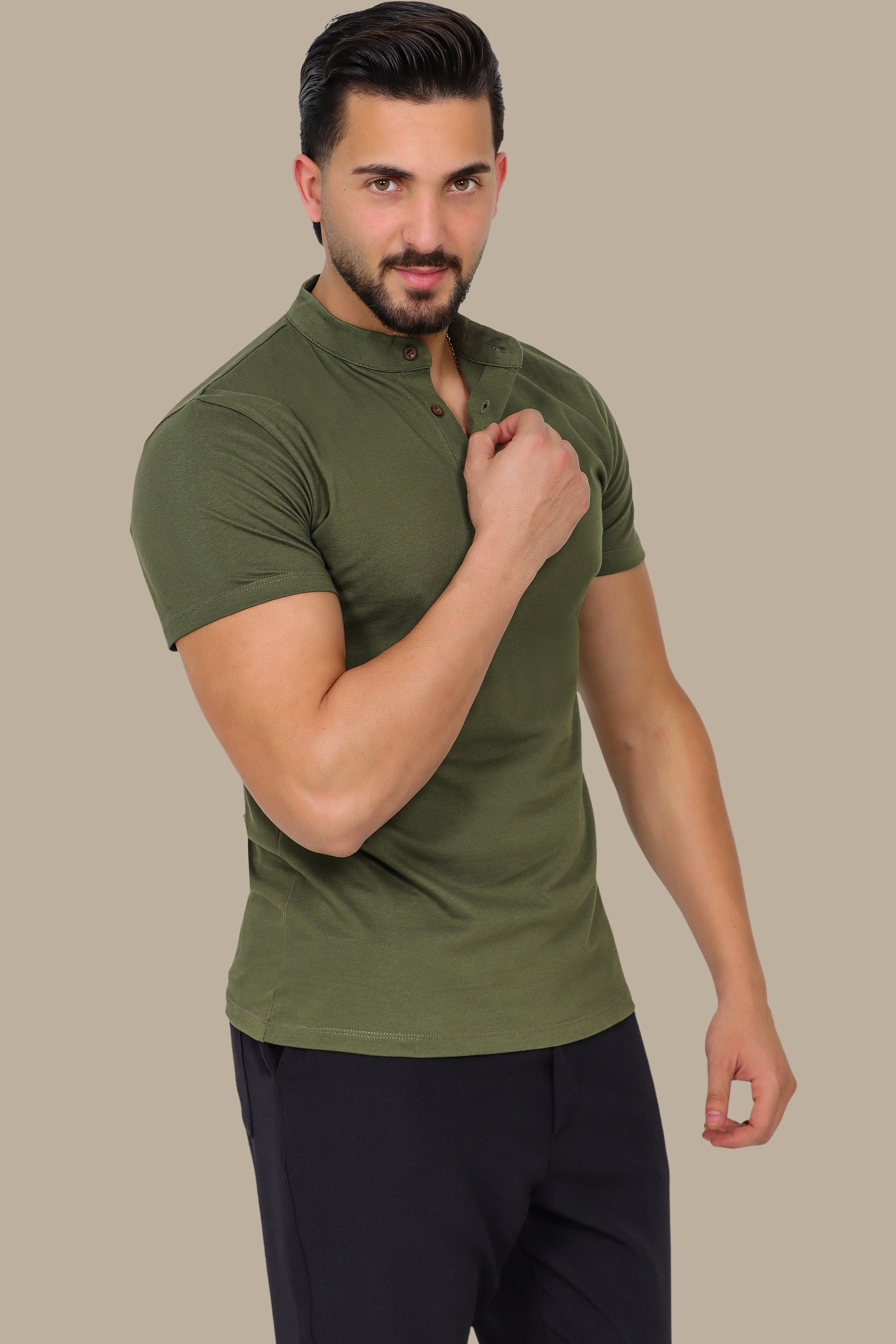 Khaki Basic Mao Collar Polo