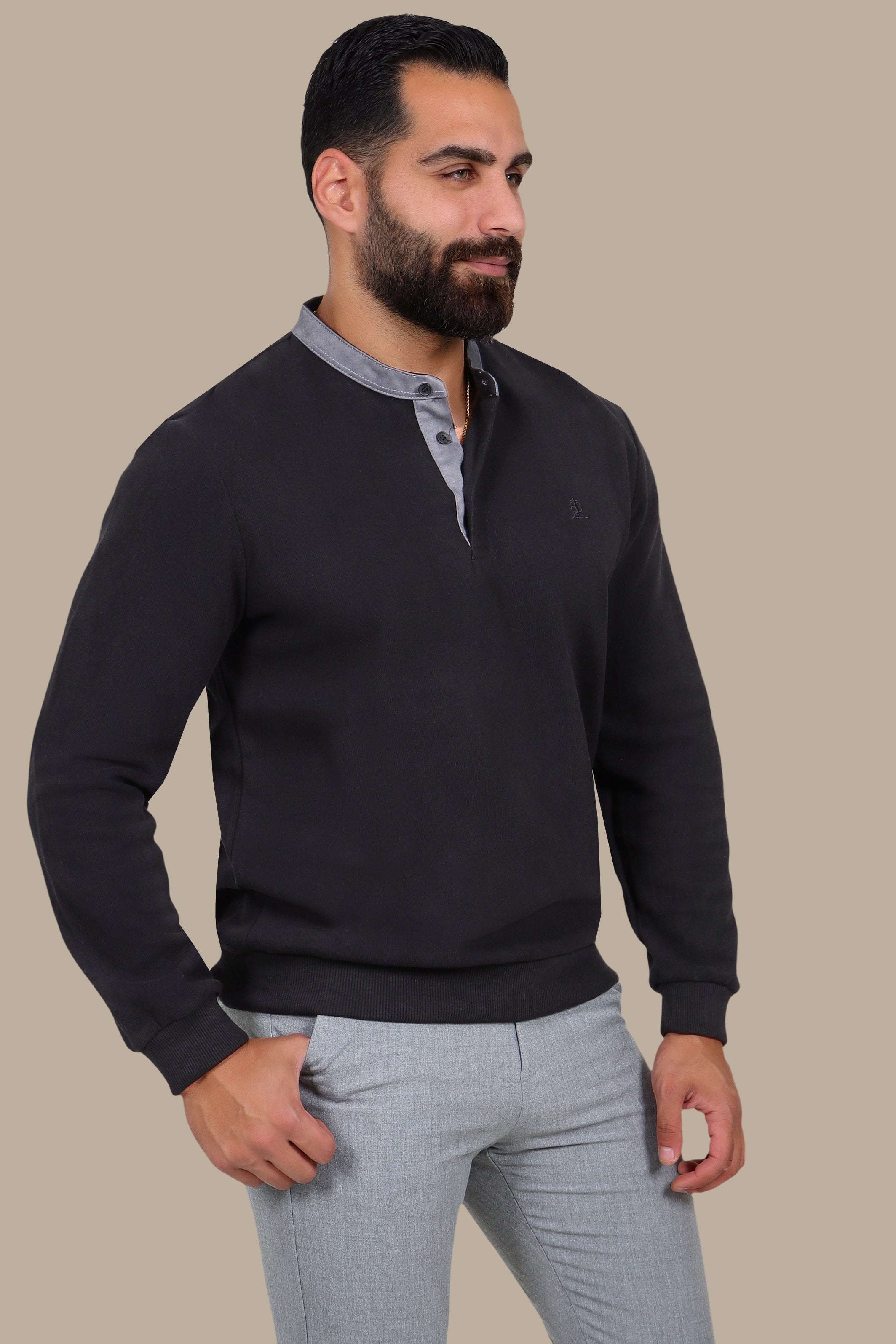 Velvet Long-Sleeve Polo with Col Mao – Black Brim
