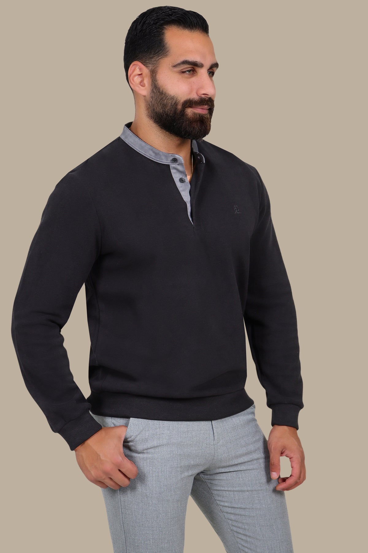 Long-Sleeve Mao Collar Velvet Polo with Brim in