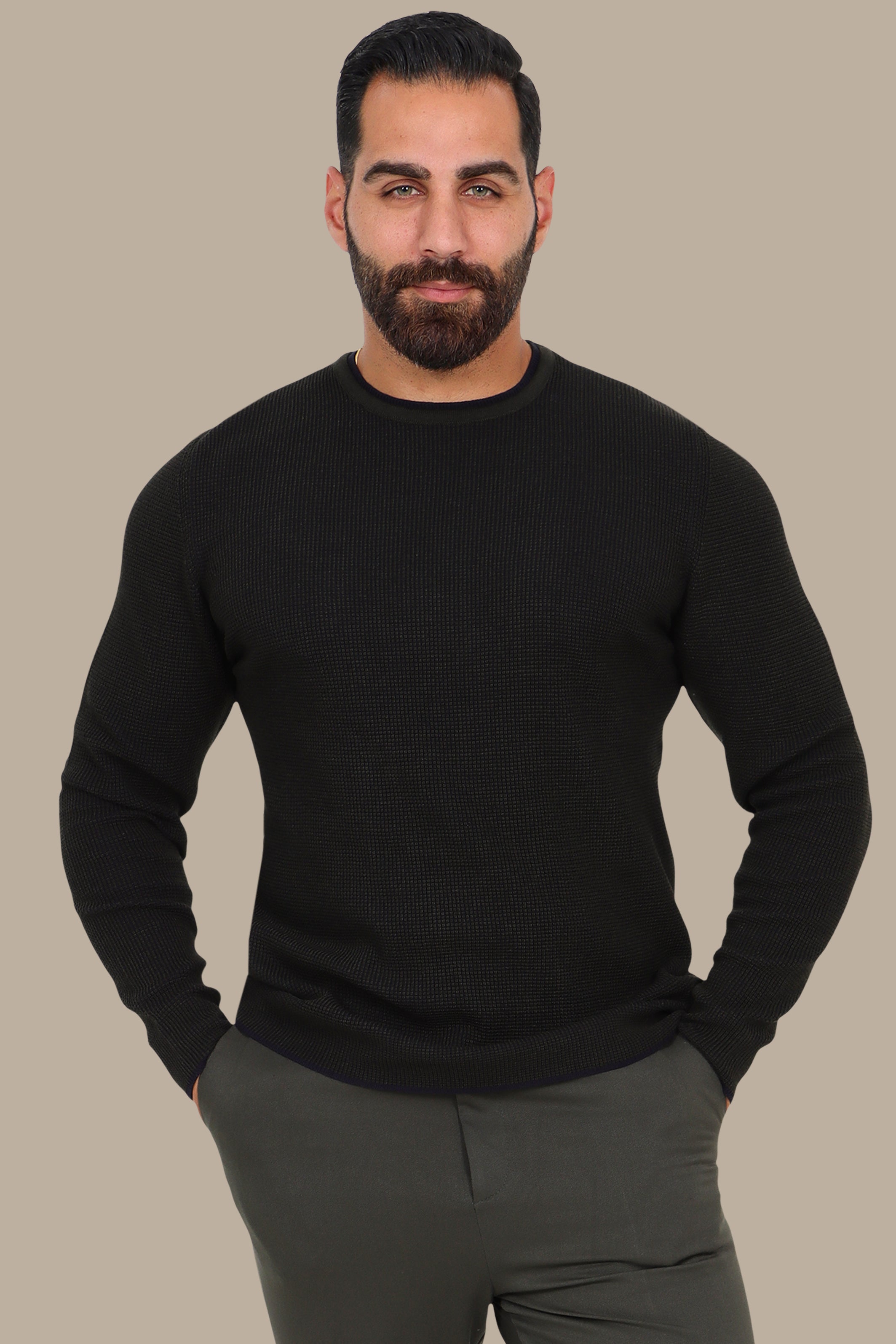 Chic Design: Dark Green Structured Patterned Top with Double Collar