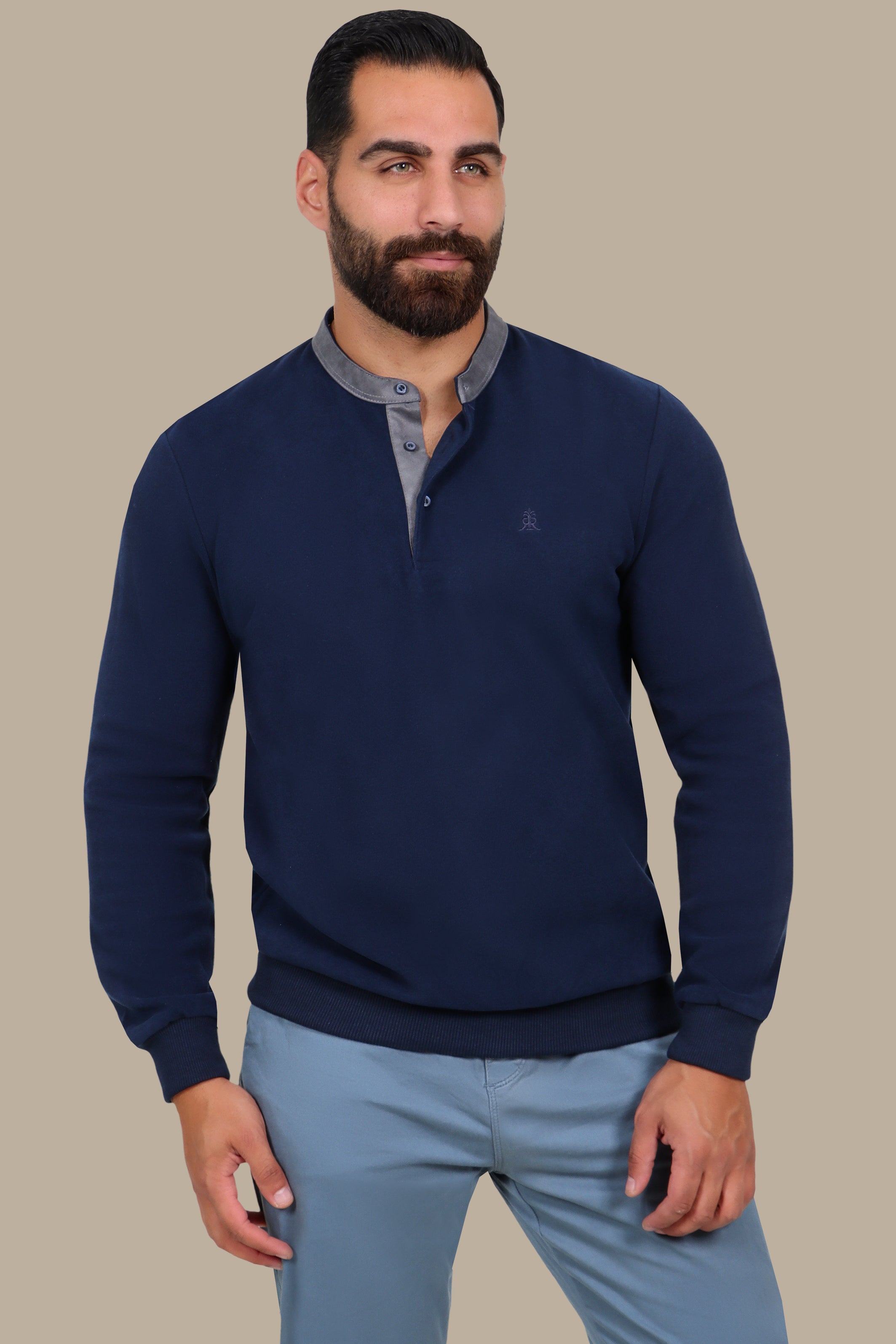 Velvet Long-Sleeve Polo with Col Mao – Navy Brim