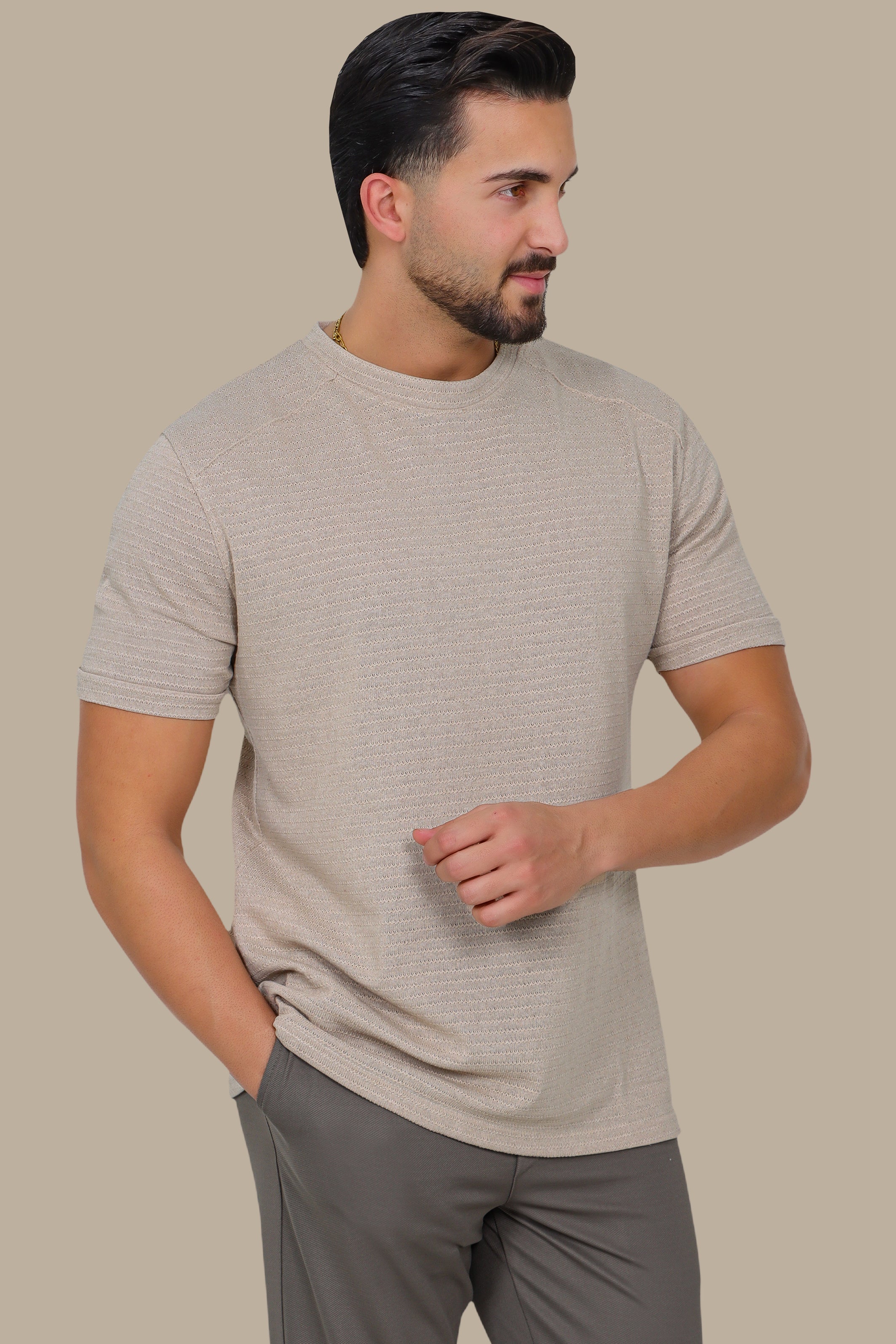 Beige Ribbed T-Shirt with Shoulder Cut