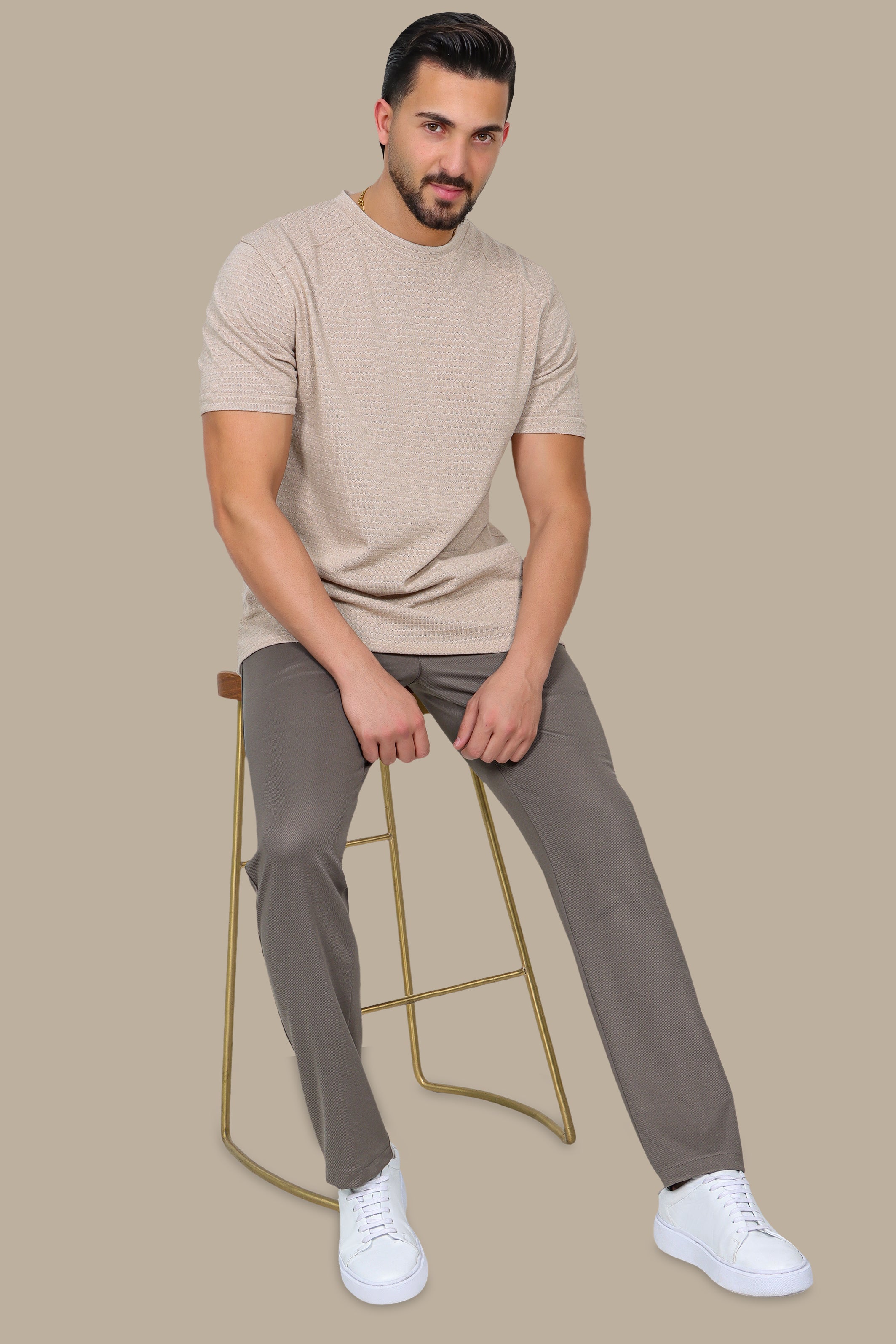 Beige Ribbed T-Shirt with Shoulder Cut