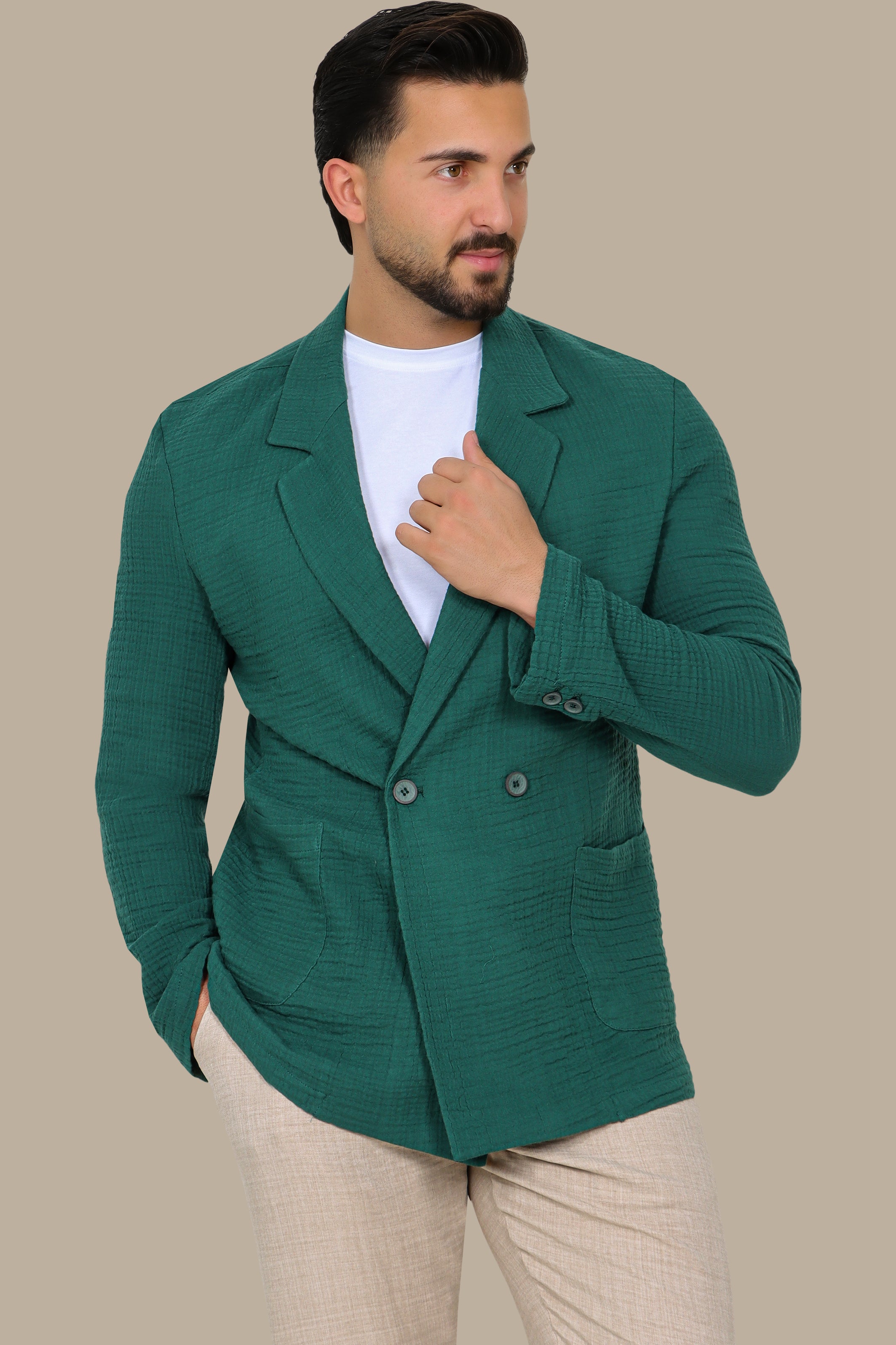 Green Linen Double-Breasted Blazer with Notch Lapel