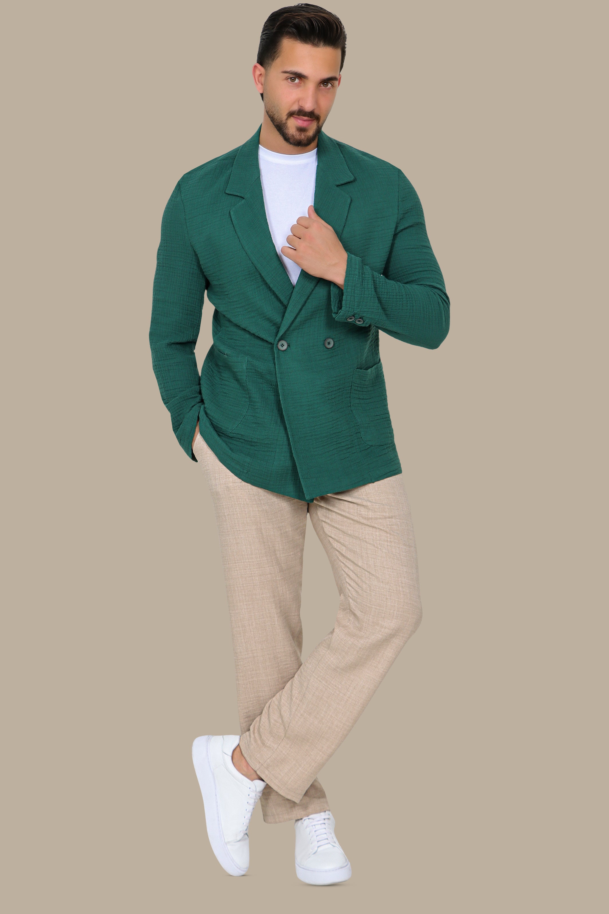 Green Linen Double-Breasted Blazer with Notch Lapel