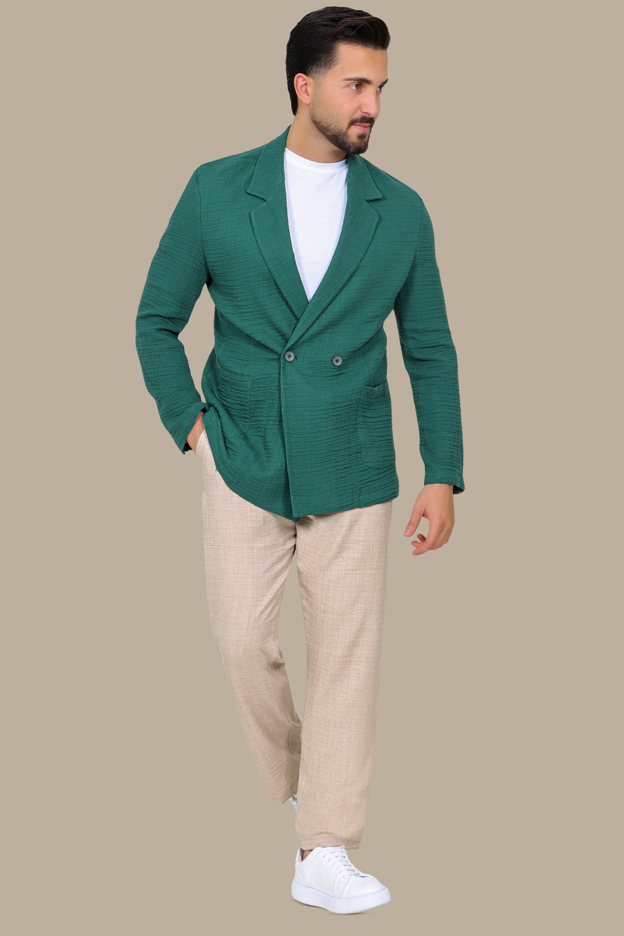 Green Linen Double-Breasted Blazer with Notch Lapel