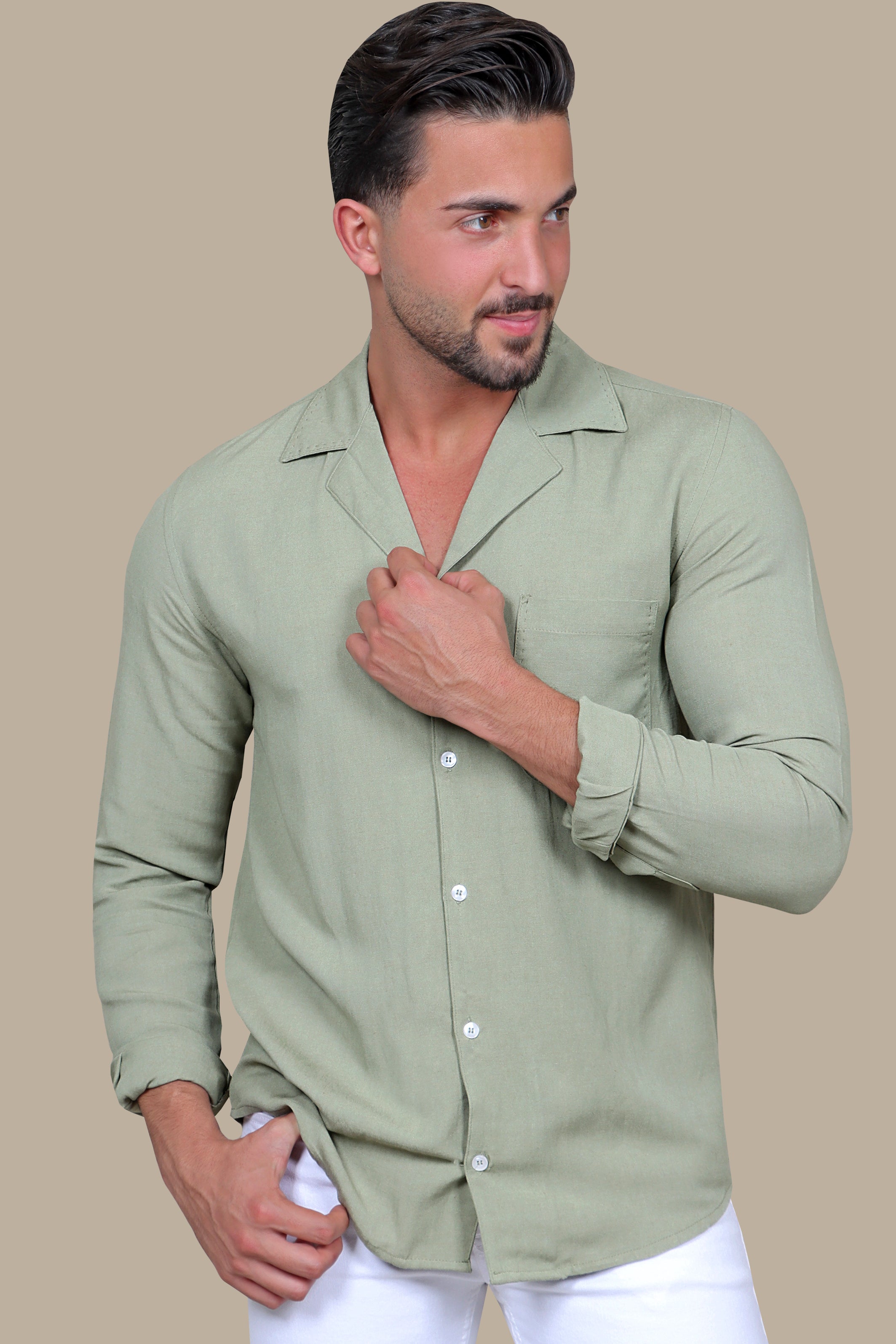 Olive Linen Patch Djellaba Shirt
