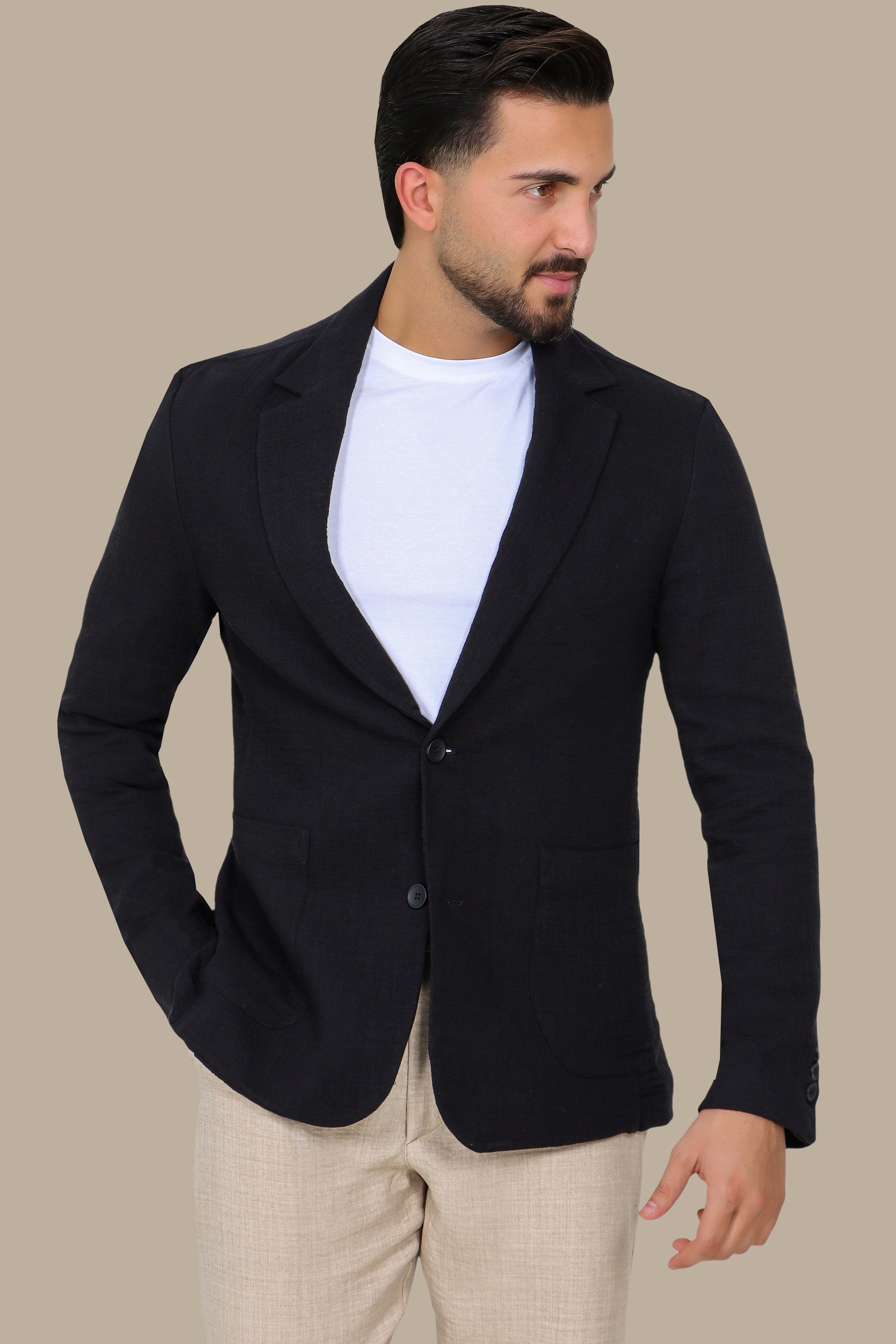 Black Linen Blazer with Notch Lapel