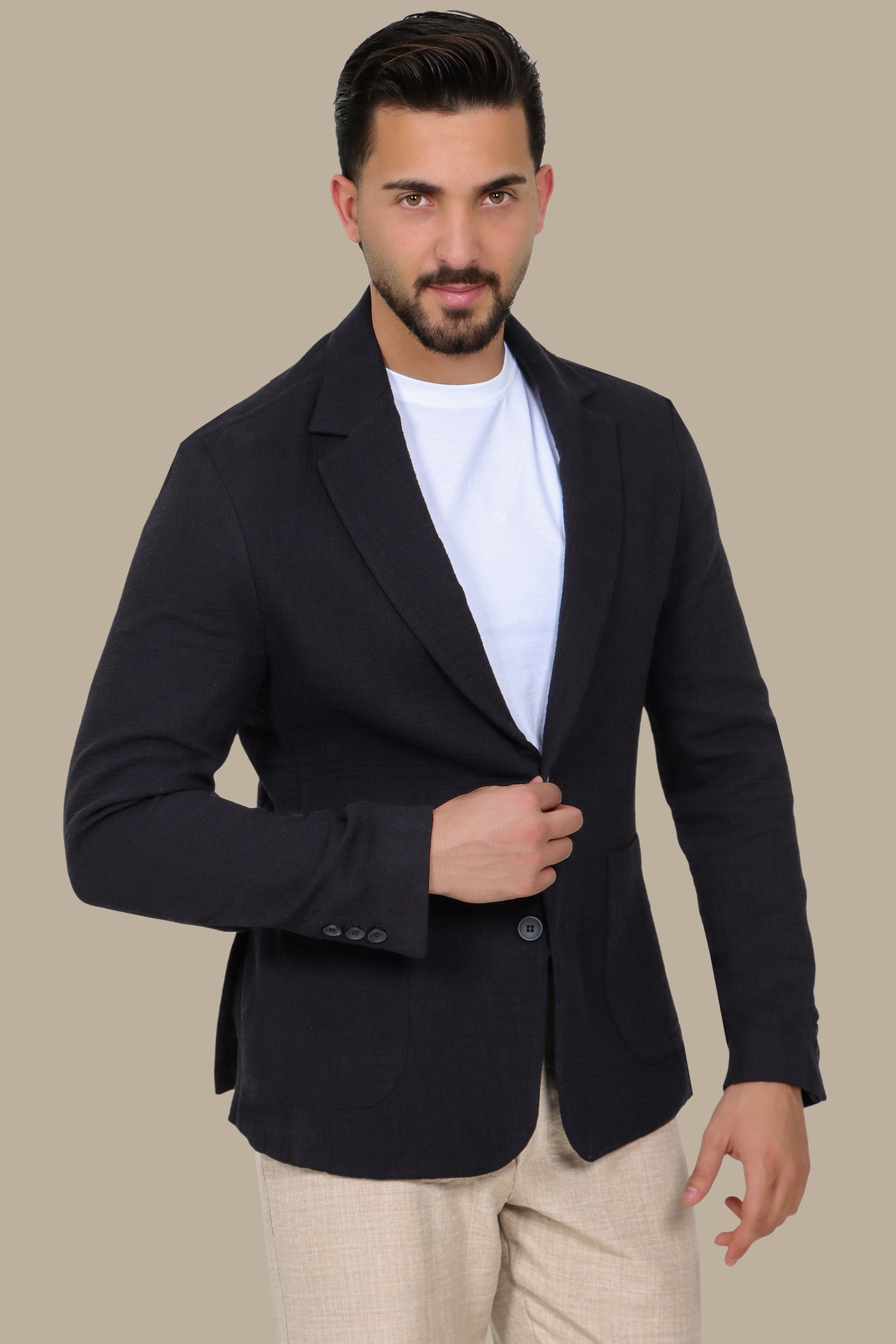 Black Linen Blazer with Notch Lapel