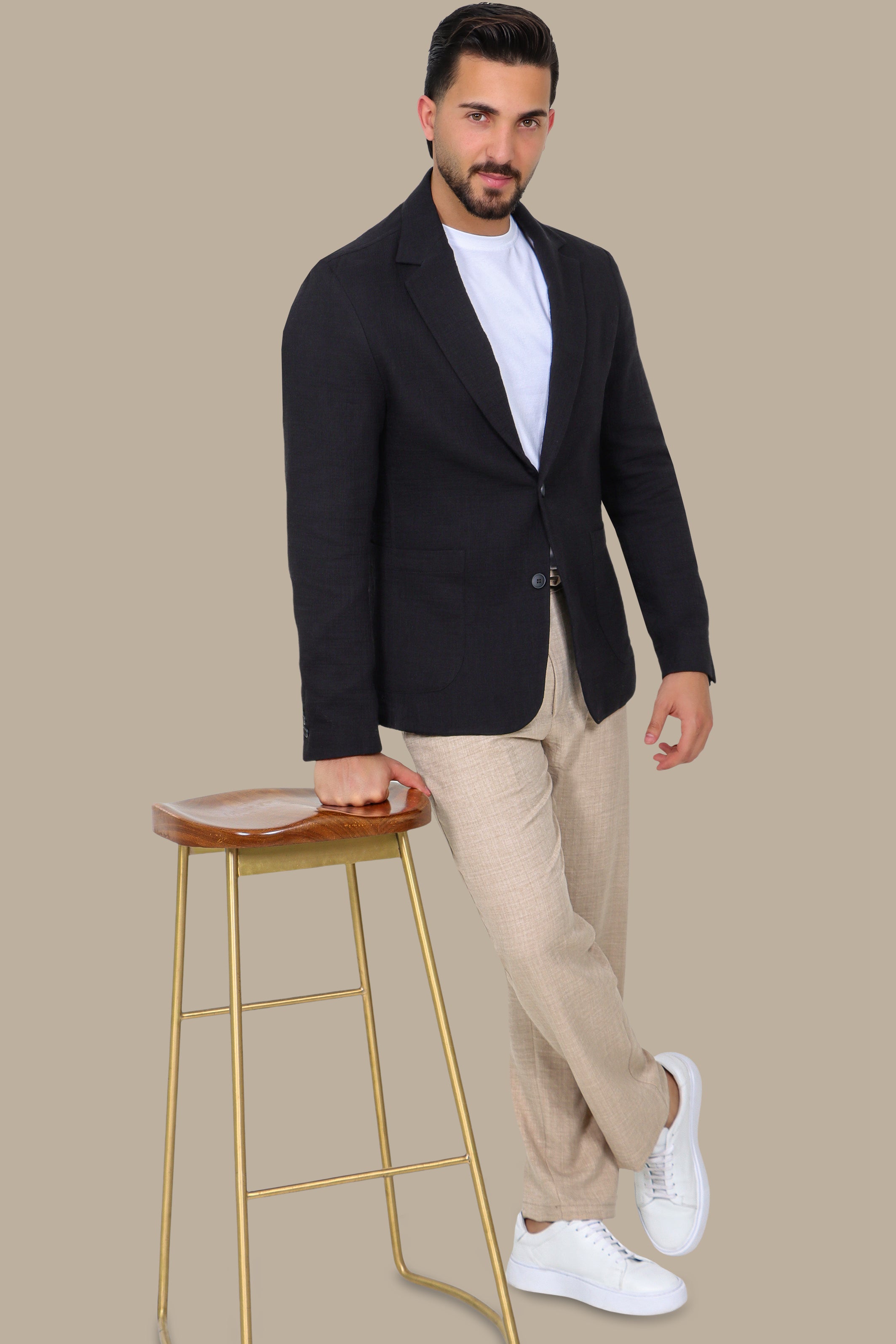 Black Linen Blazer with Notch Lapel