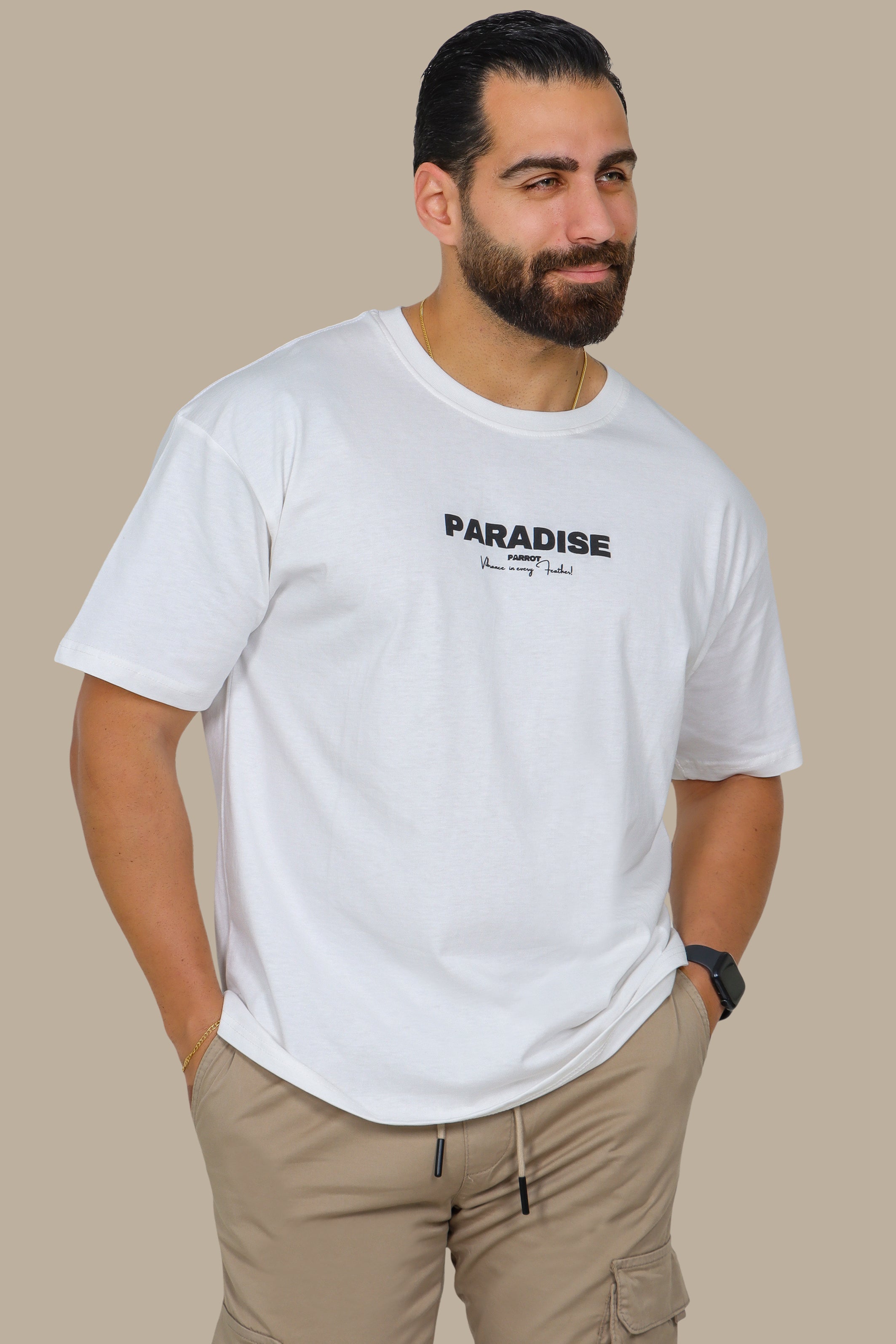 White Oversized T-Shirt with Blue Parrot Paradise Print
