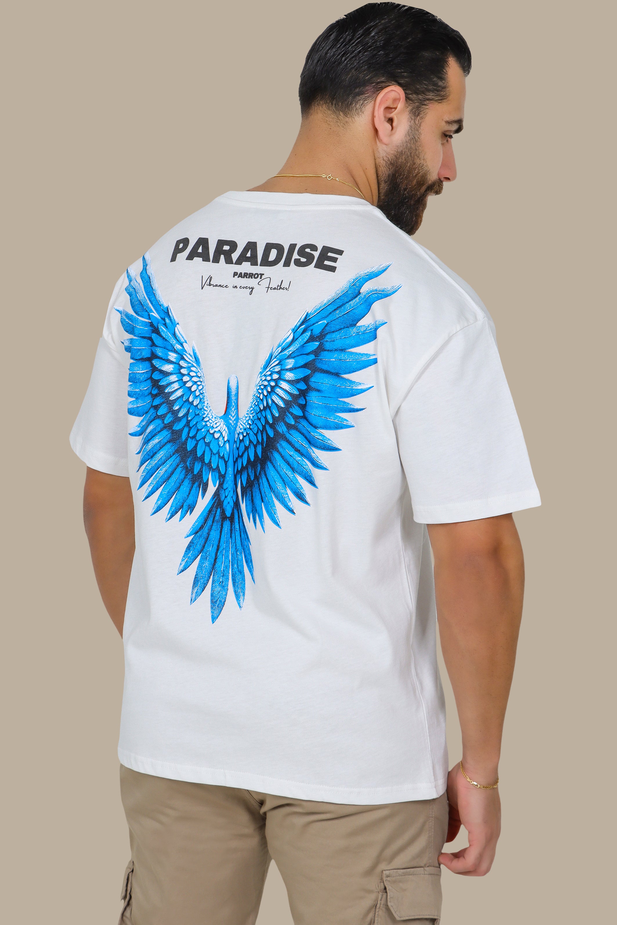 White Oversized T-Shirt with Blue Parrot Paradise Print