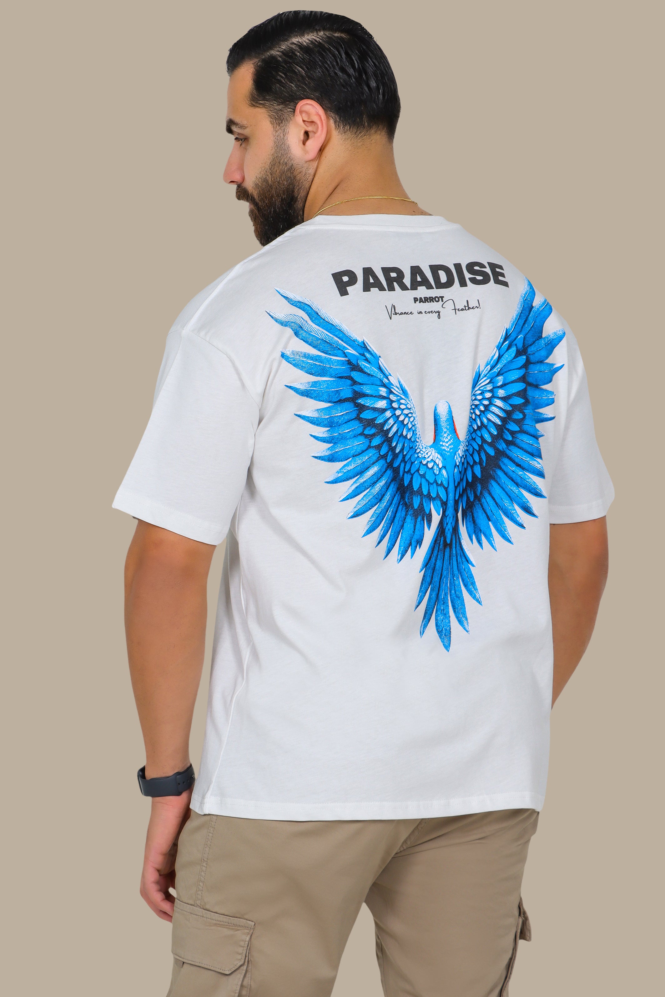 White Oversized T-Shirt with Blue Parrot Paradise Print