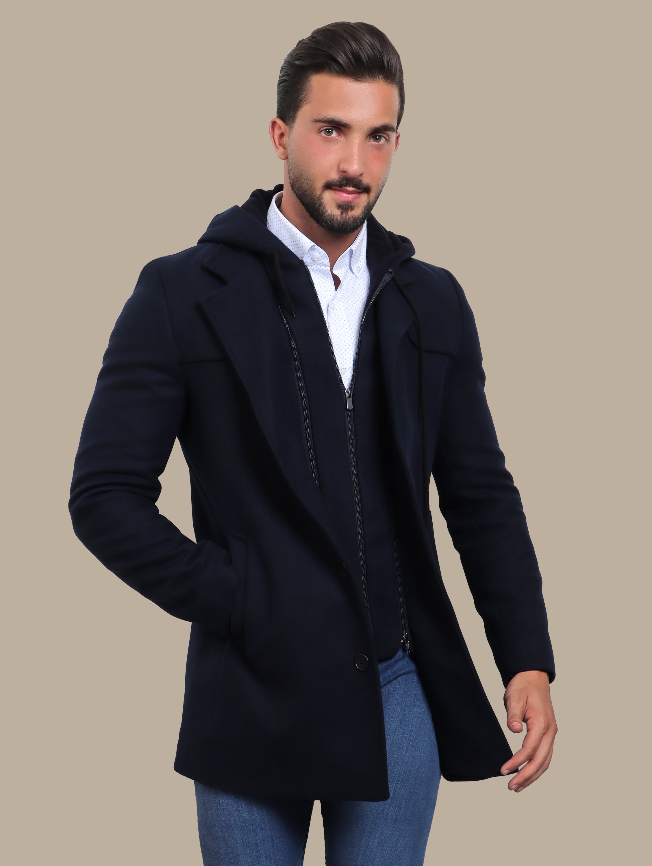 Navy Coat with Detachable Hoodie