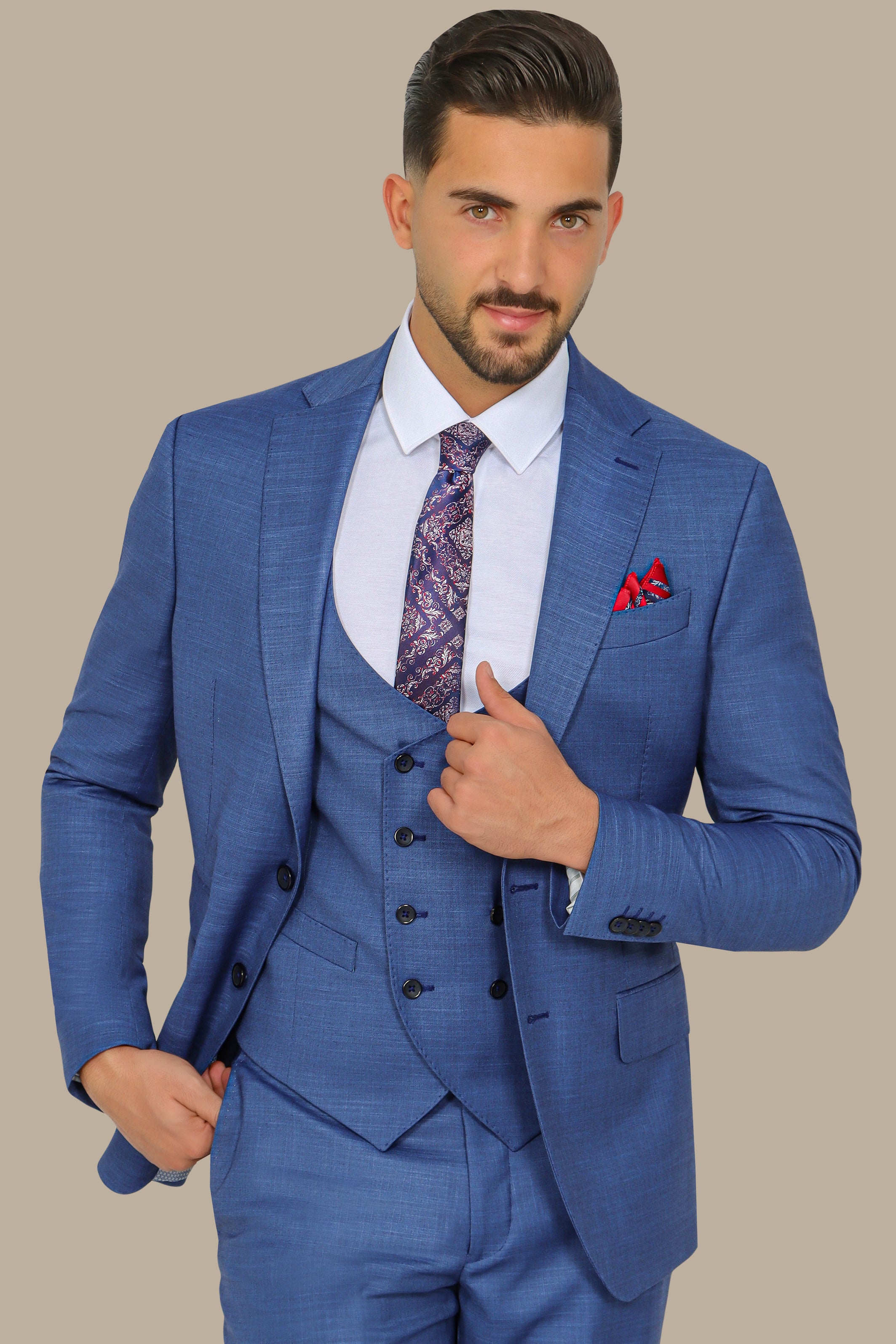 Elegant Blue Lycra Suit Set with Notch Details - 3-Piece Collection